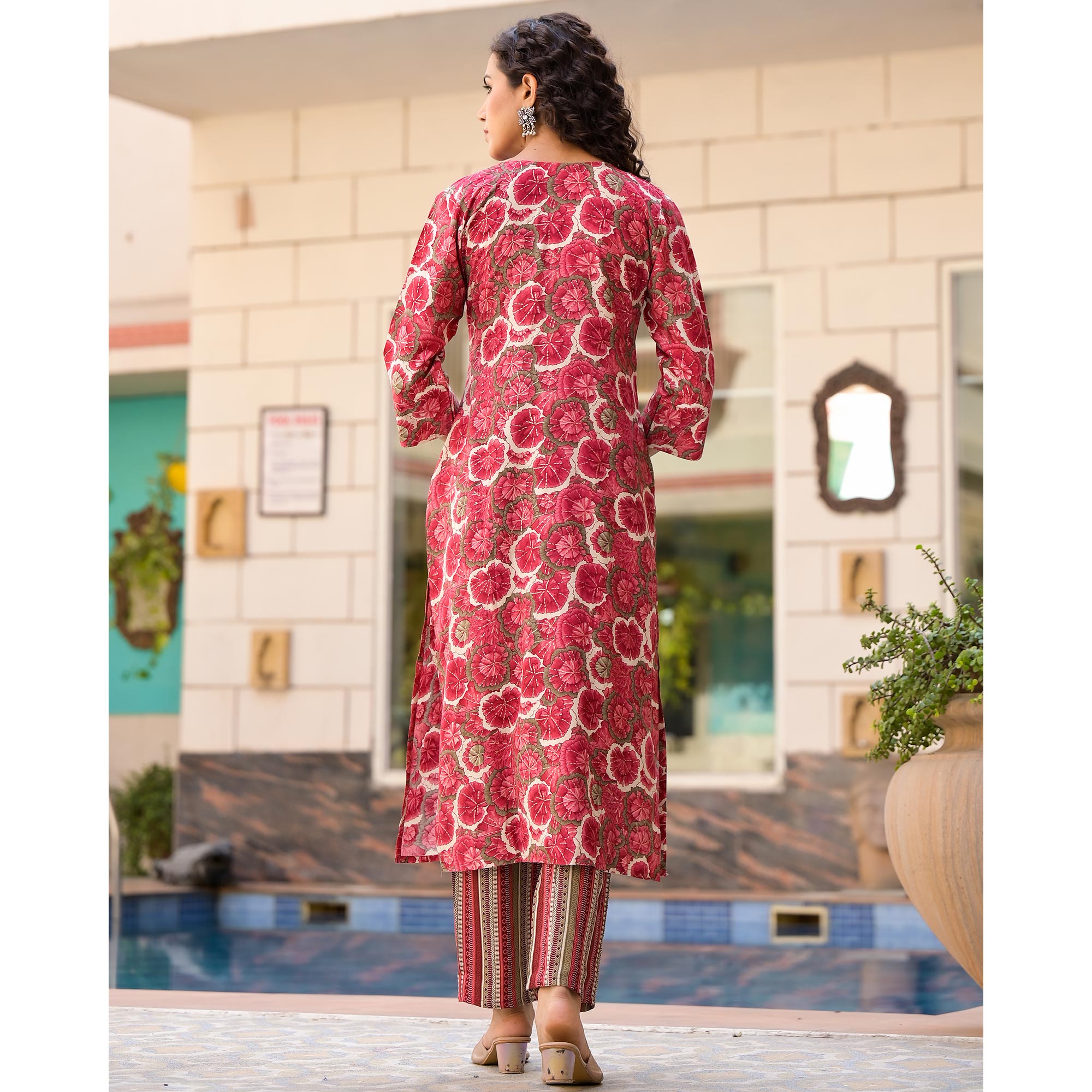 Red Floral Foil Printed Rayon Straight Salwar Suit