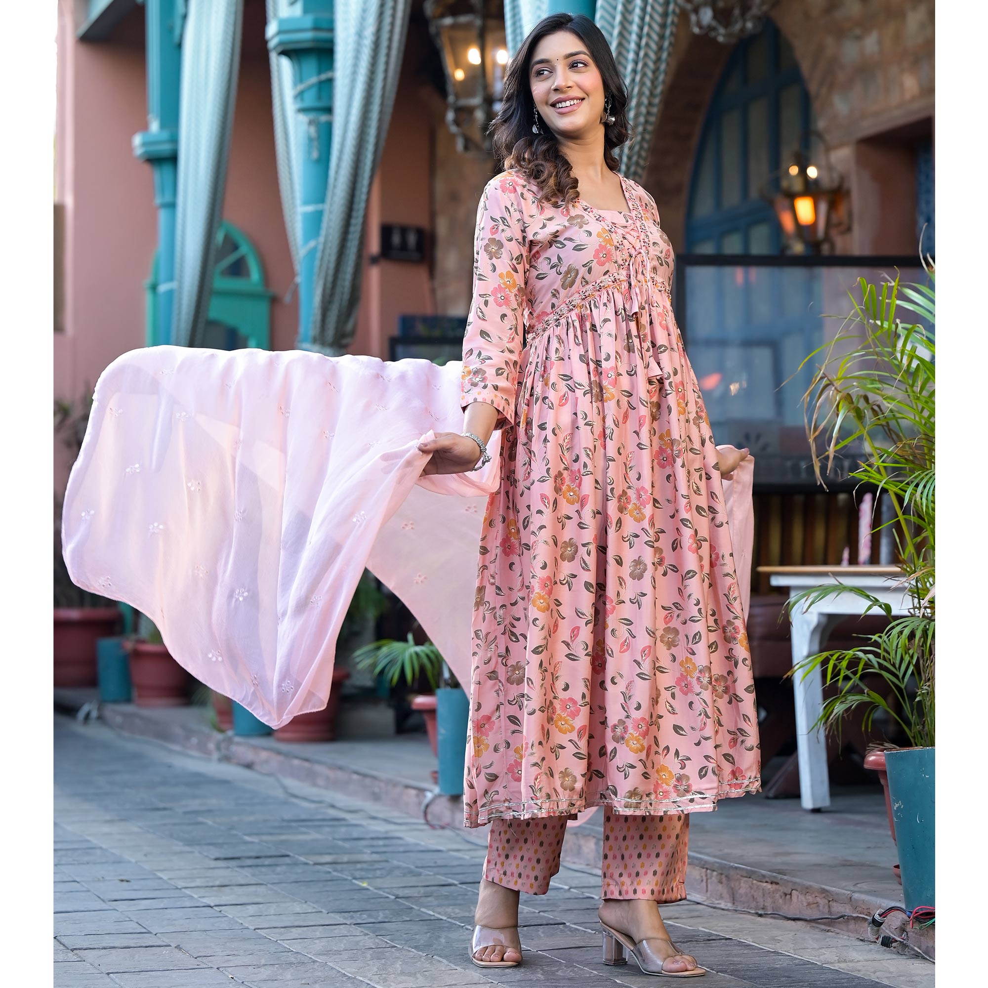 Peach Floral Alia Cut Chanderi Silk Salwar Suit With Zardosi Work