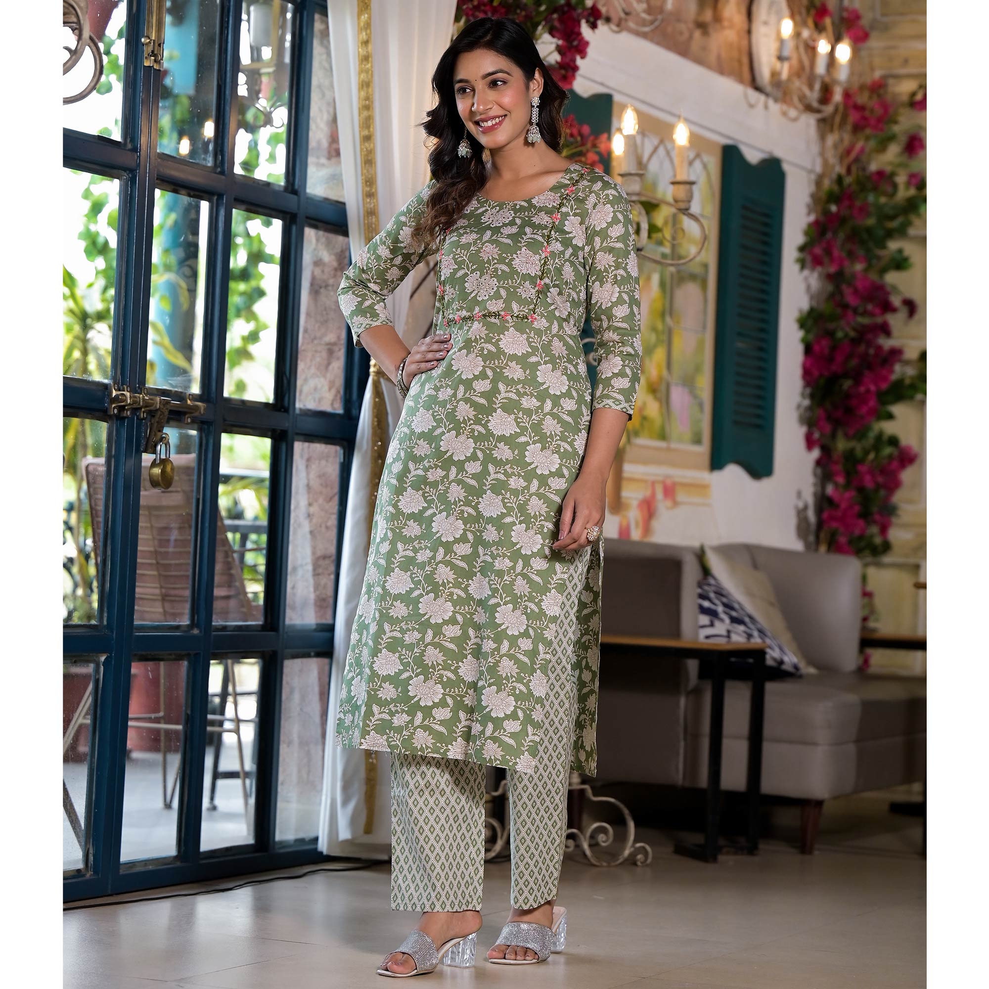 Pista Green Floral Printed Pure Cotton Salwar Suit