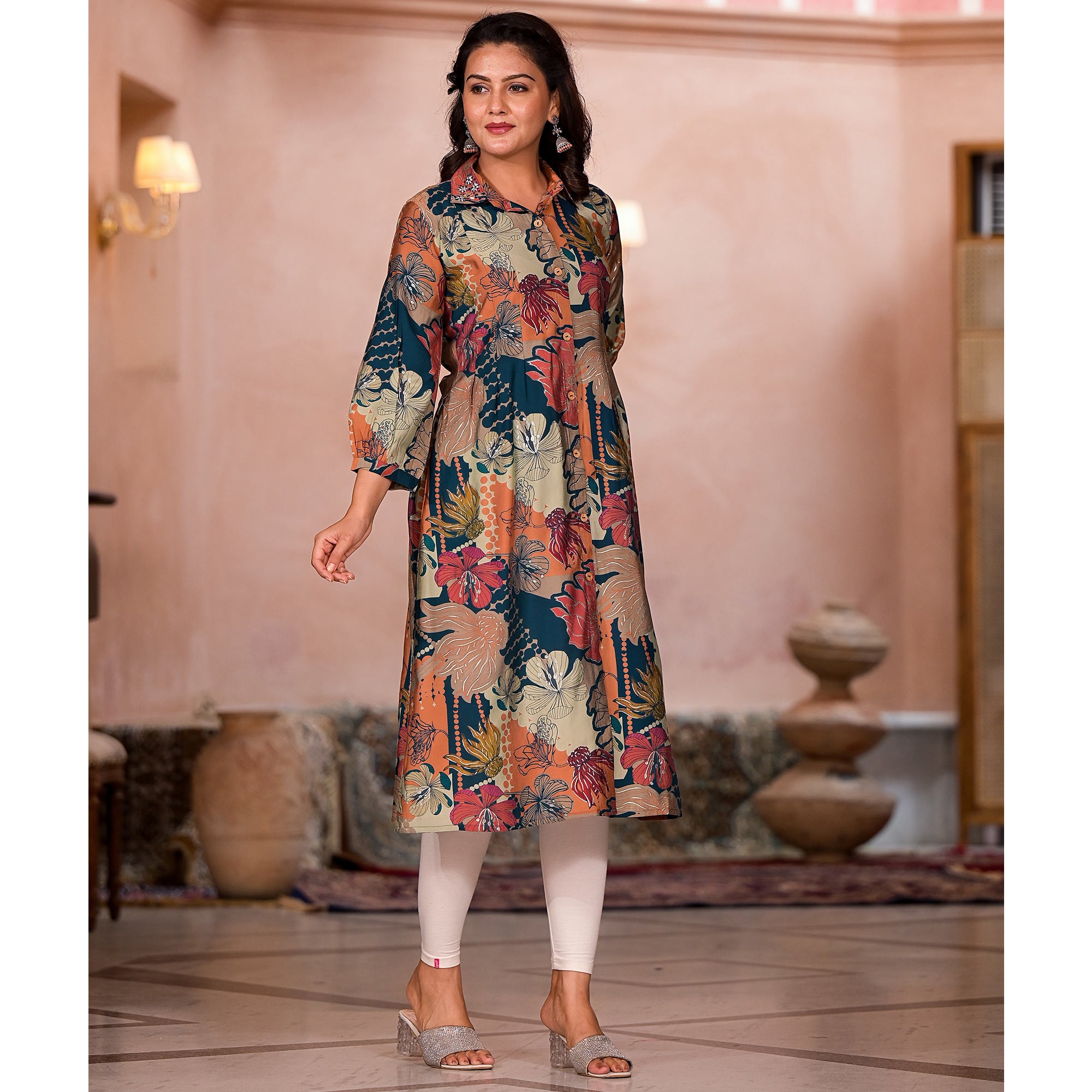Green Floral Printed Chanderi Silk A-Line Dress