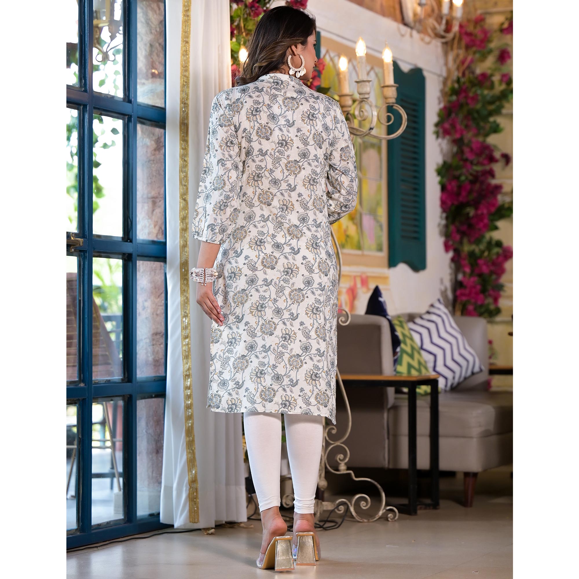 Grey Floral Foil Printed Chanderi Silk Kurti