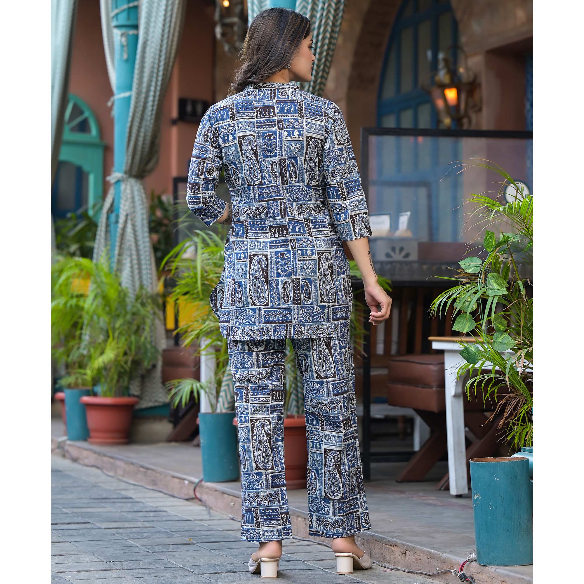 Blue Printed Pure Cotton Angrakha Co-Ord Set