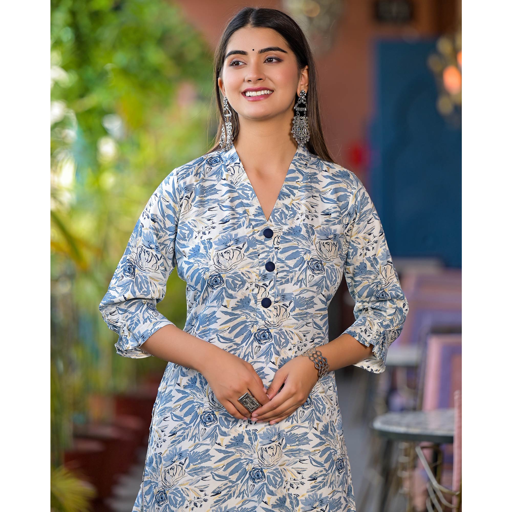 Blue Floral Printed Rayon Kurti