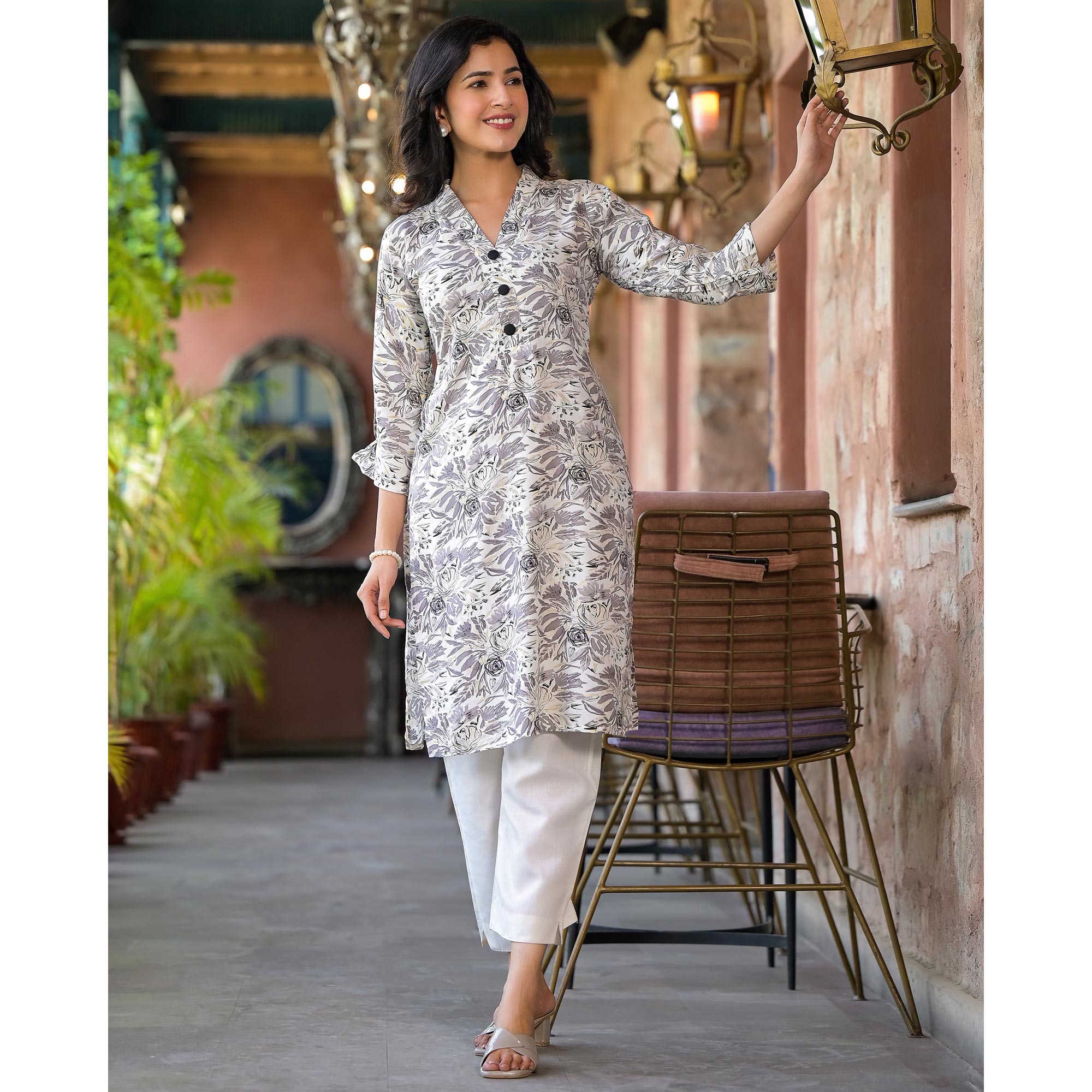 Grey Floral Printed Rayon Kurti