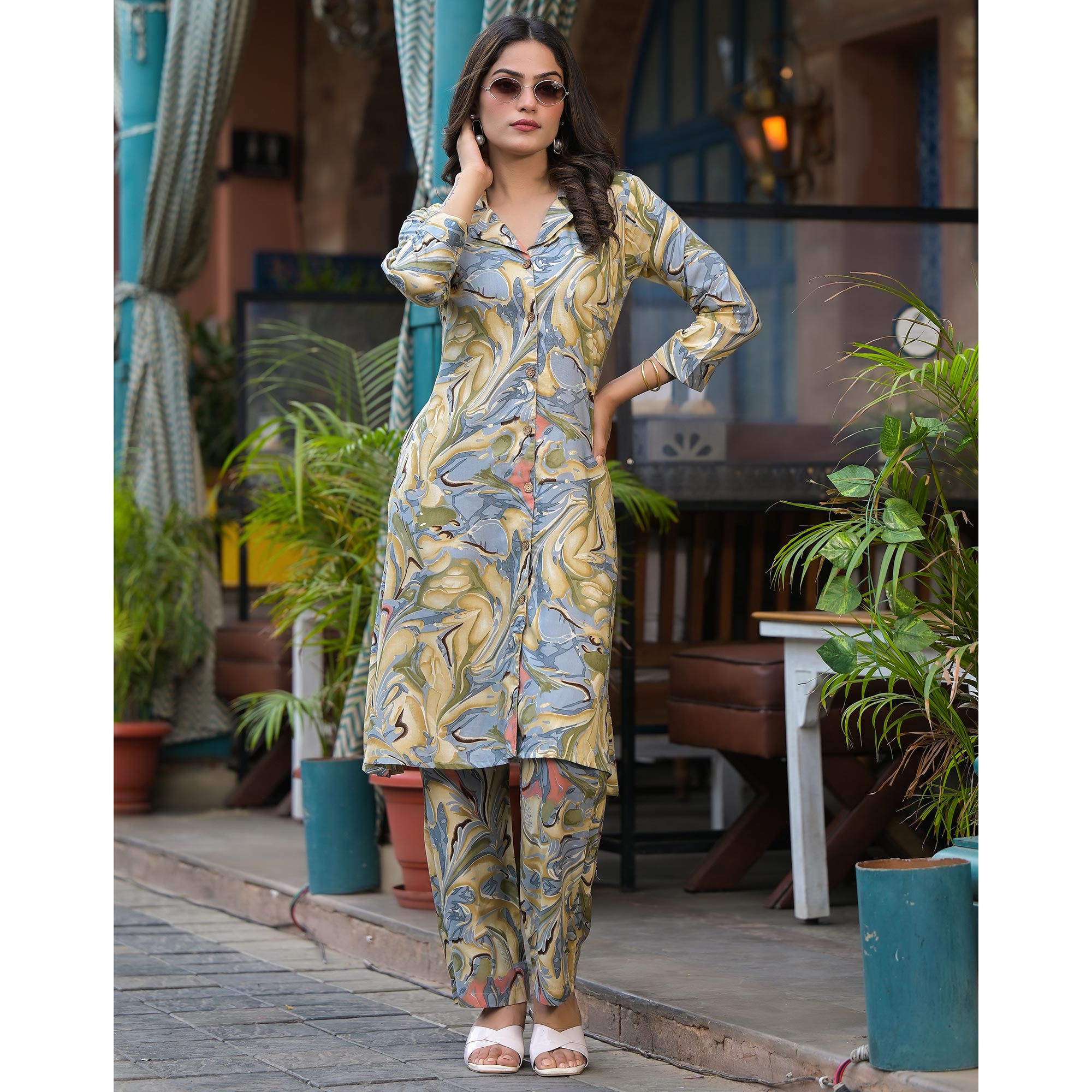 Grey Foil Printed Rayon Co-Ord Set