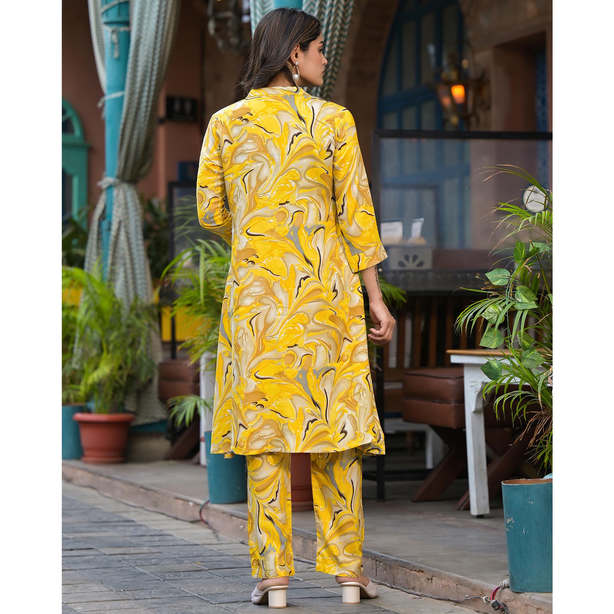 Yellow Foil Printed Rayon Co-Ord Set