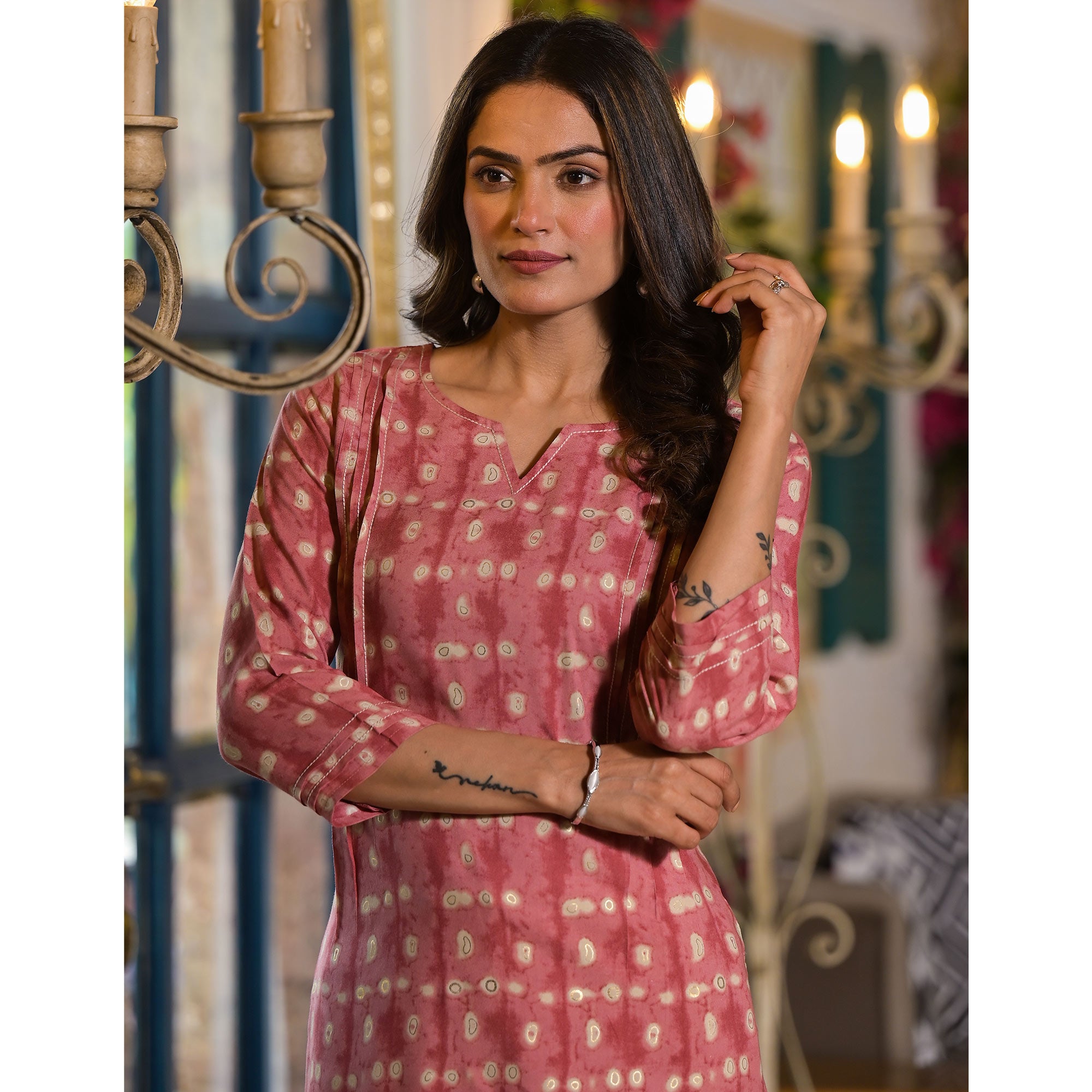 Pink Printed Rayon Straight Kurti