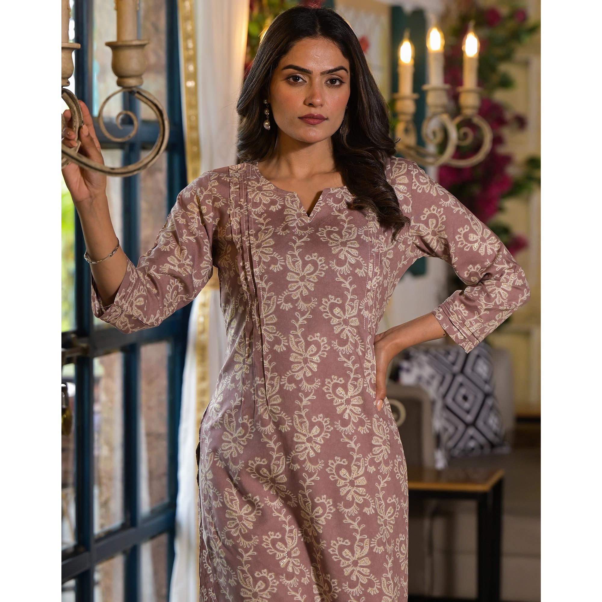 Brown Floral Printed Rayon Straight Kurti