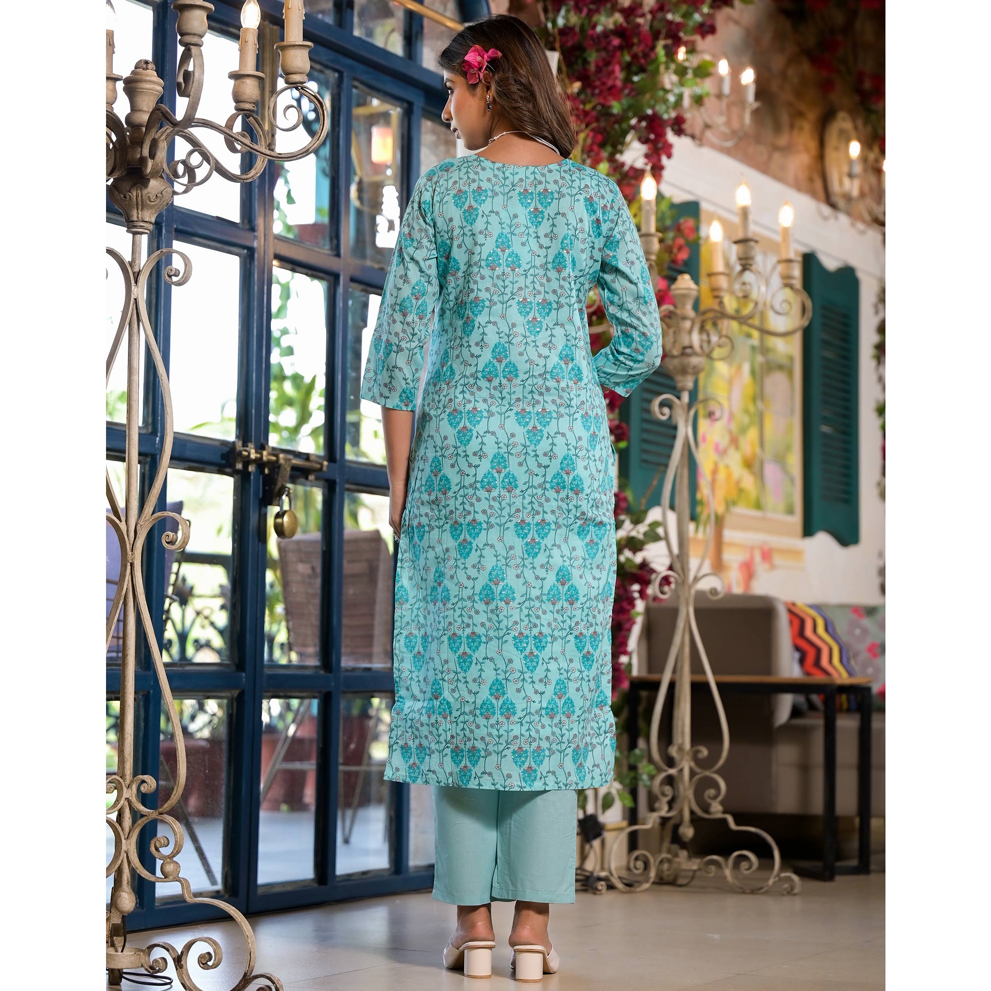 Sky Blue Floral Printed Mulmul Cotton Straight Salwar Suit