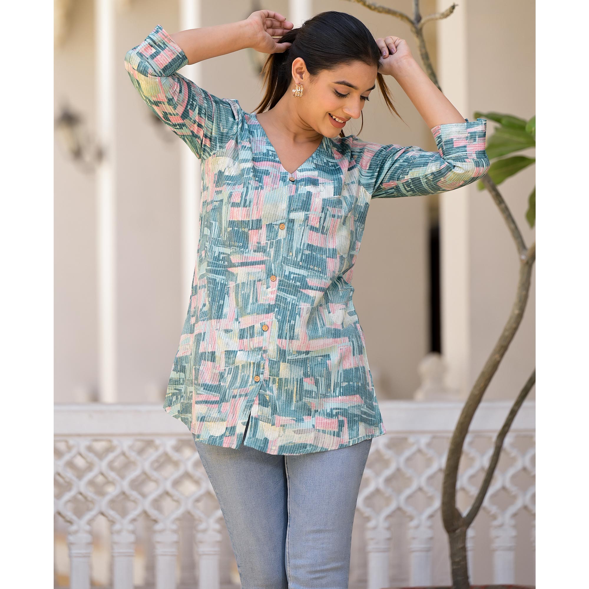Blue Printed Rayon A-Line Top