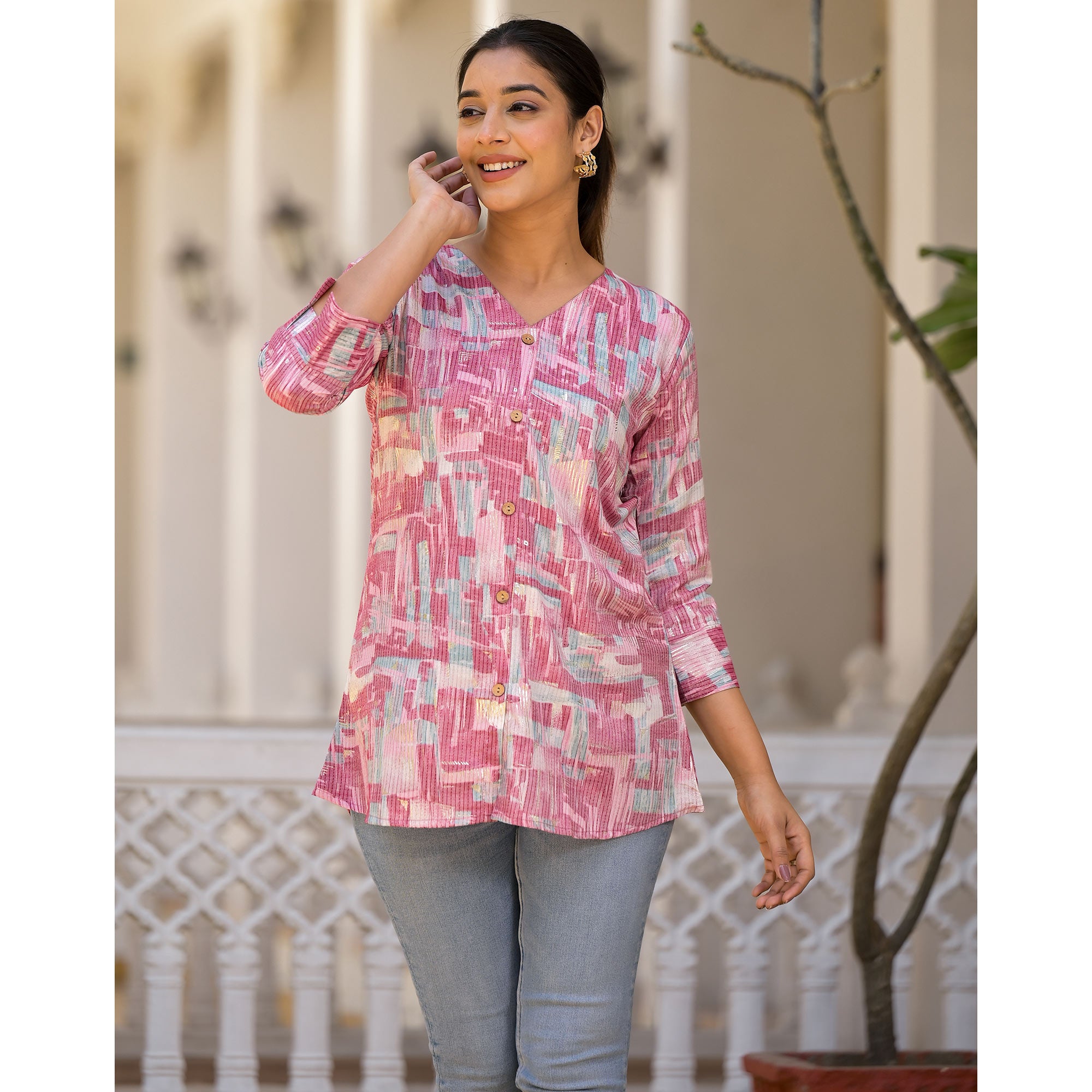 Pink Printed Rayon A-Line Top