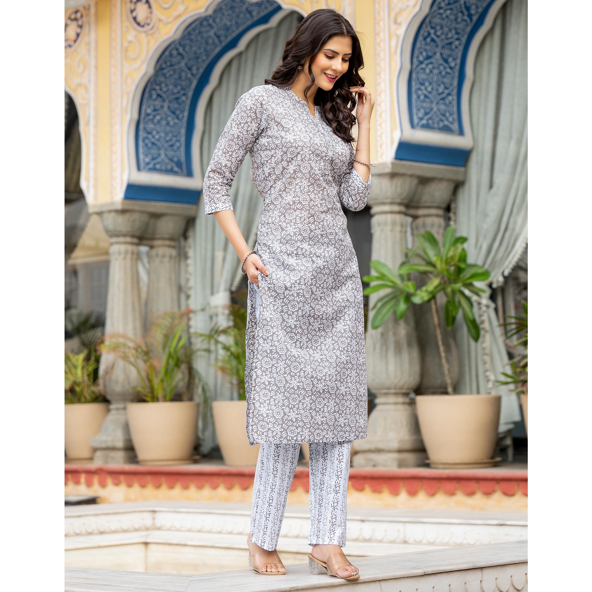 Grey Floral Printed Pure Cotton Salwar Suit