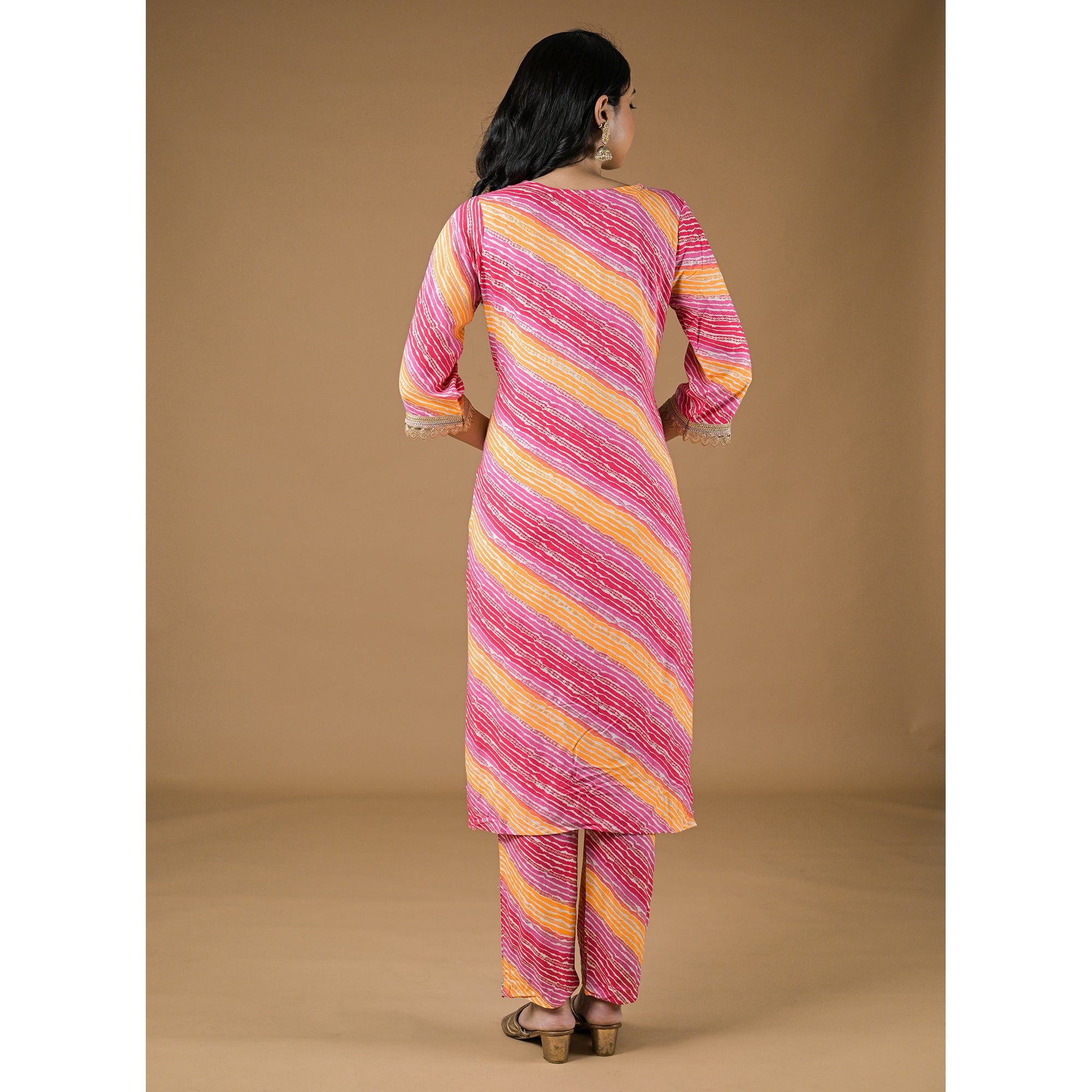 Pink Leheriya Printed Rayon A-line Salwar Suit