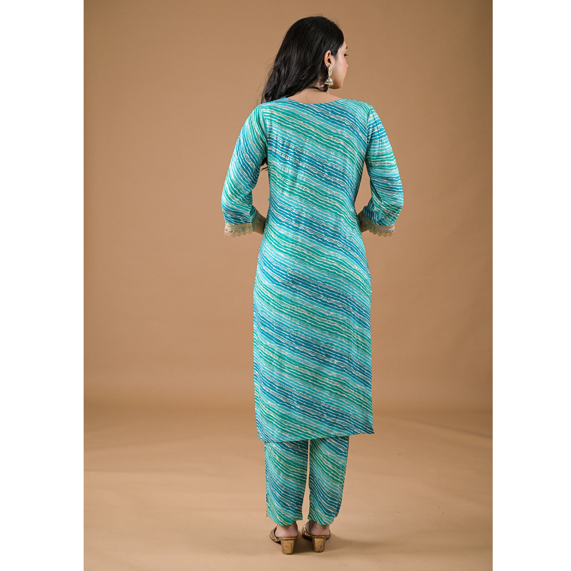 Turquoise Leheriya Printed Rayon A-line Salwar Suit