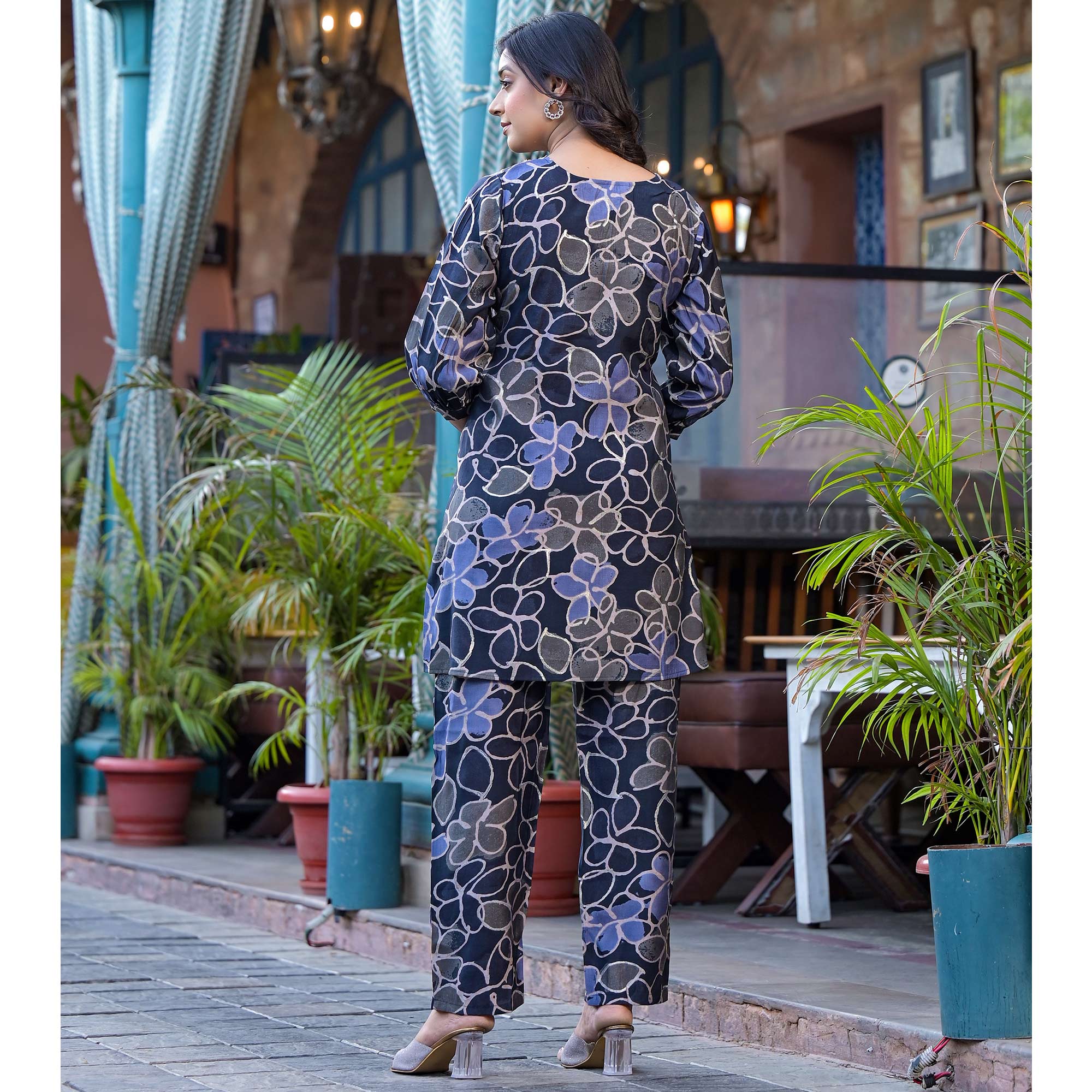 Denim Blue Floral Printed Chanderi Silk Co-Ord Set