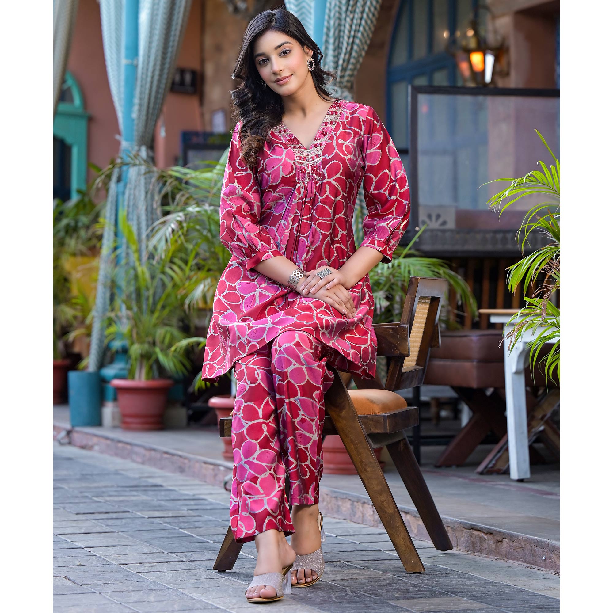 Red Floral Printed Chanderi Silk Co-Ord Set
