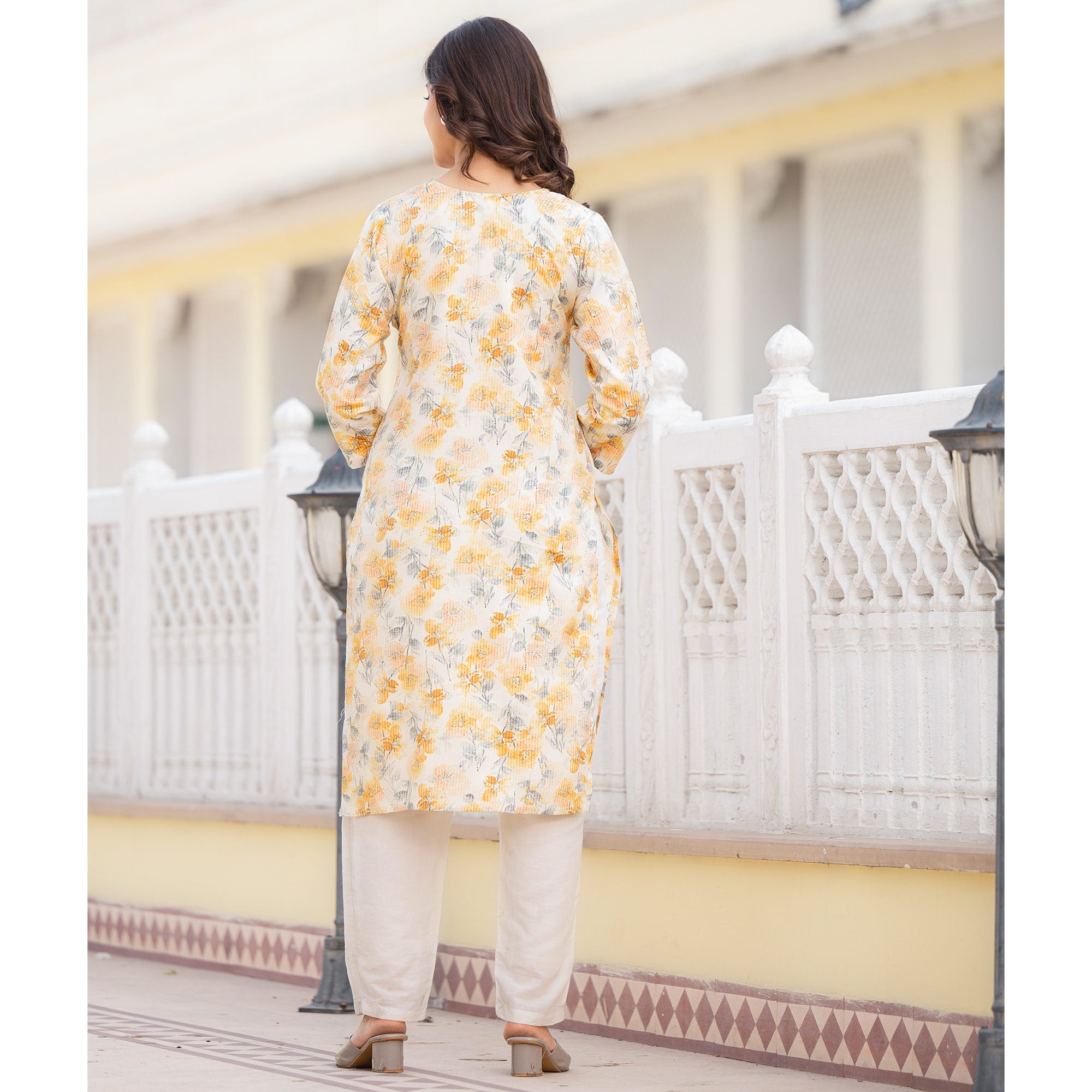 Cream & Mustard Floral Printed Rayon Straight Kurti