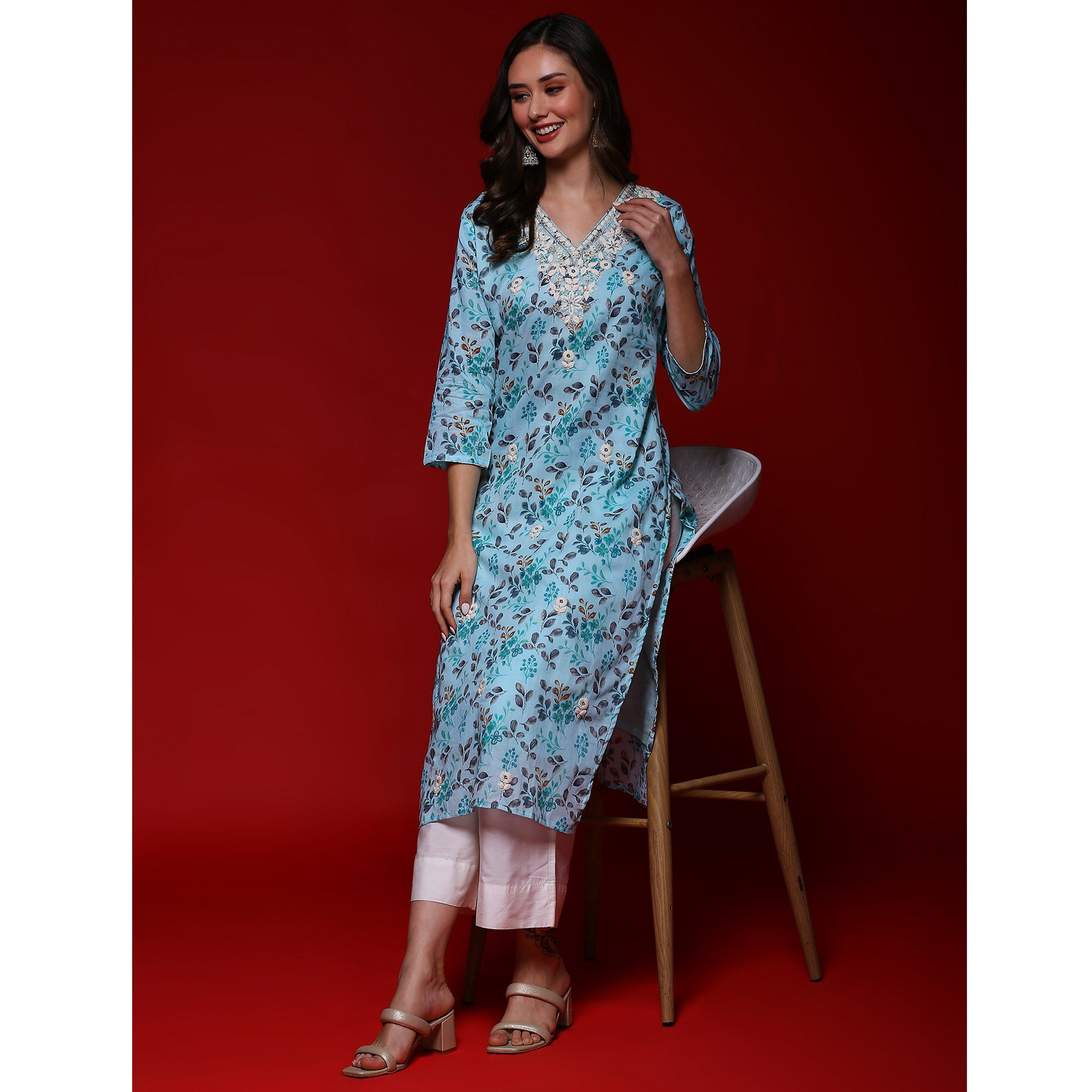 Sky Blue Floral Printed Mulmul Cotton Straight Kurti