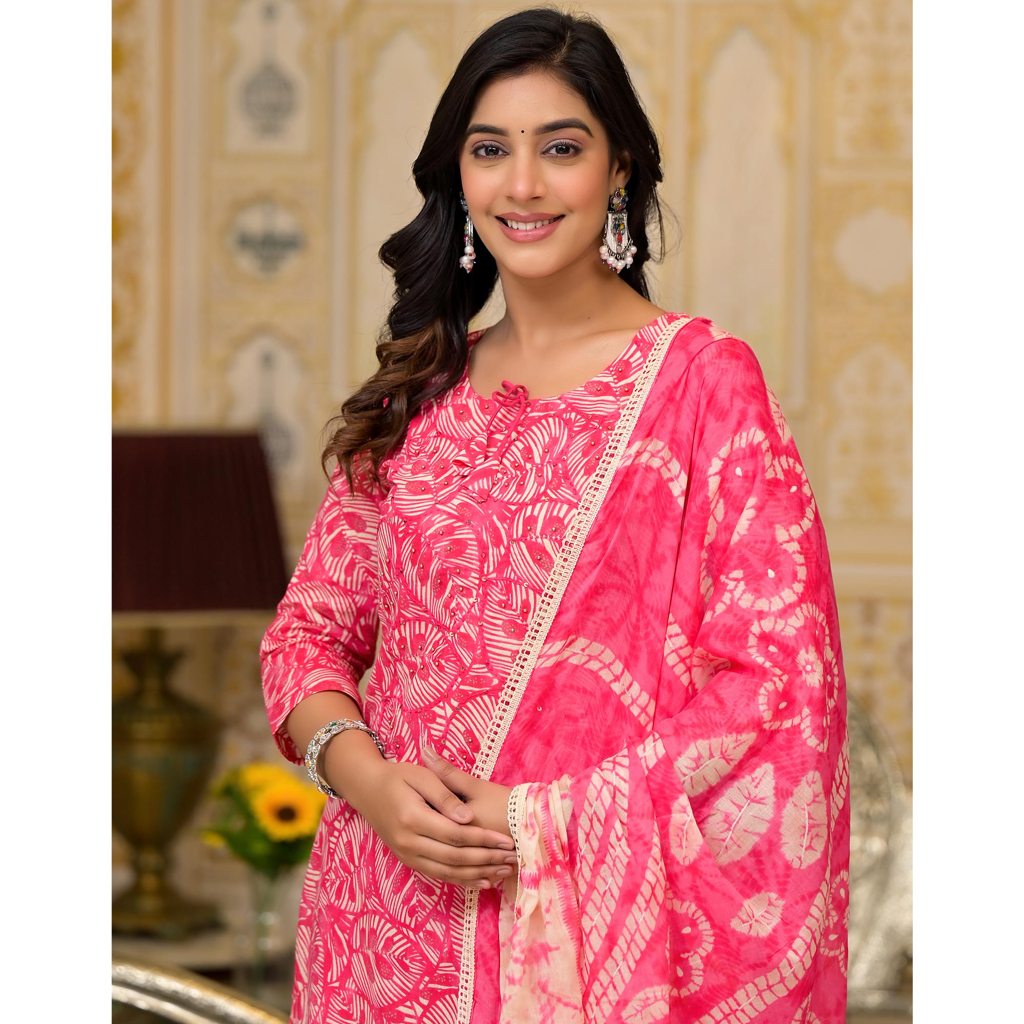 Rani Pink Floral Printed Pure Cotton Straight Salwar Suit