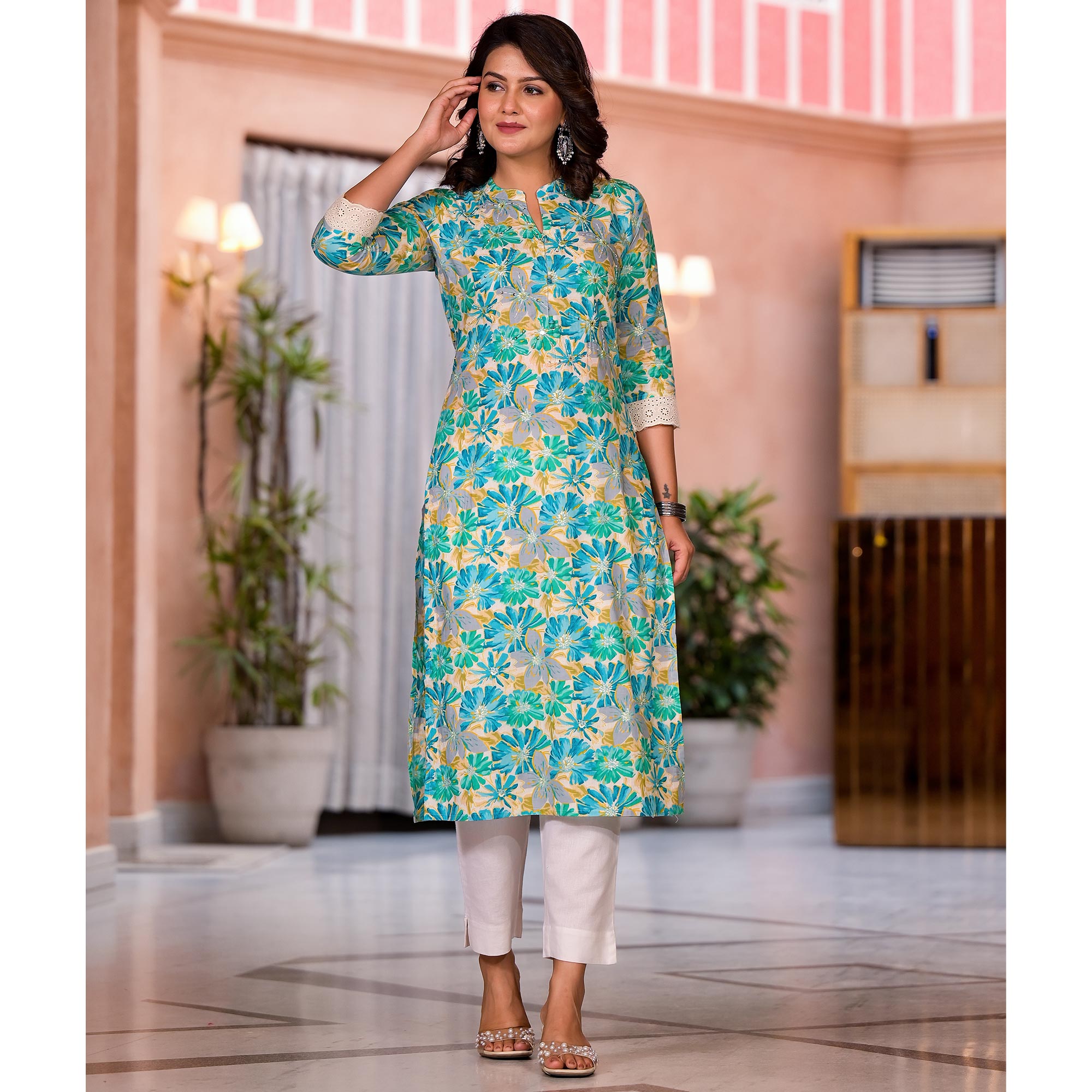 Blue Floral Printed Pure Cotton Straight Kurti