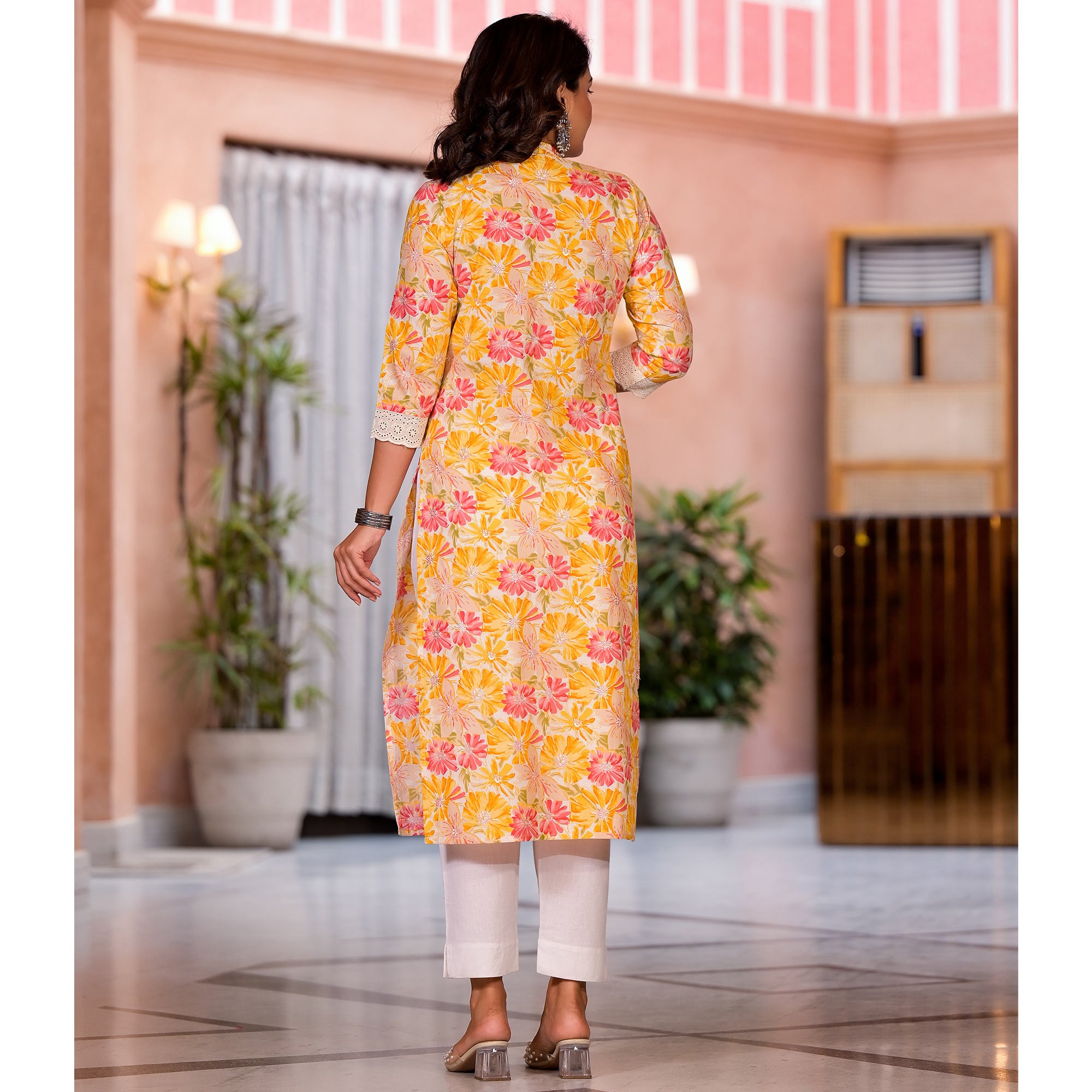 Yellow Floral Printed Pure Cotton Straight Kurti