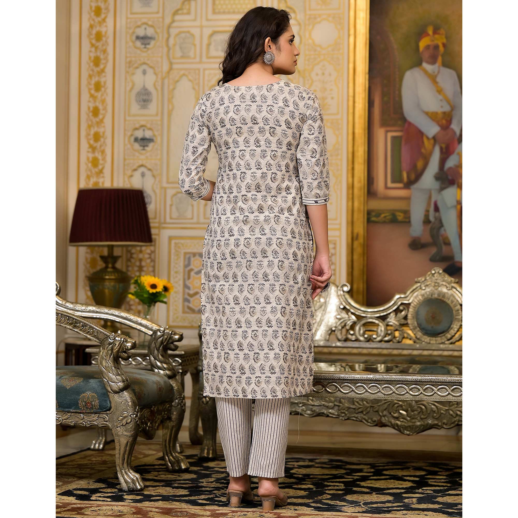 Dark Grey Floral Printed Pure Cotton Straight Salwar Suit