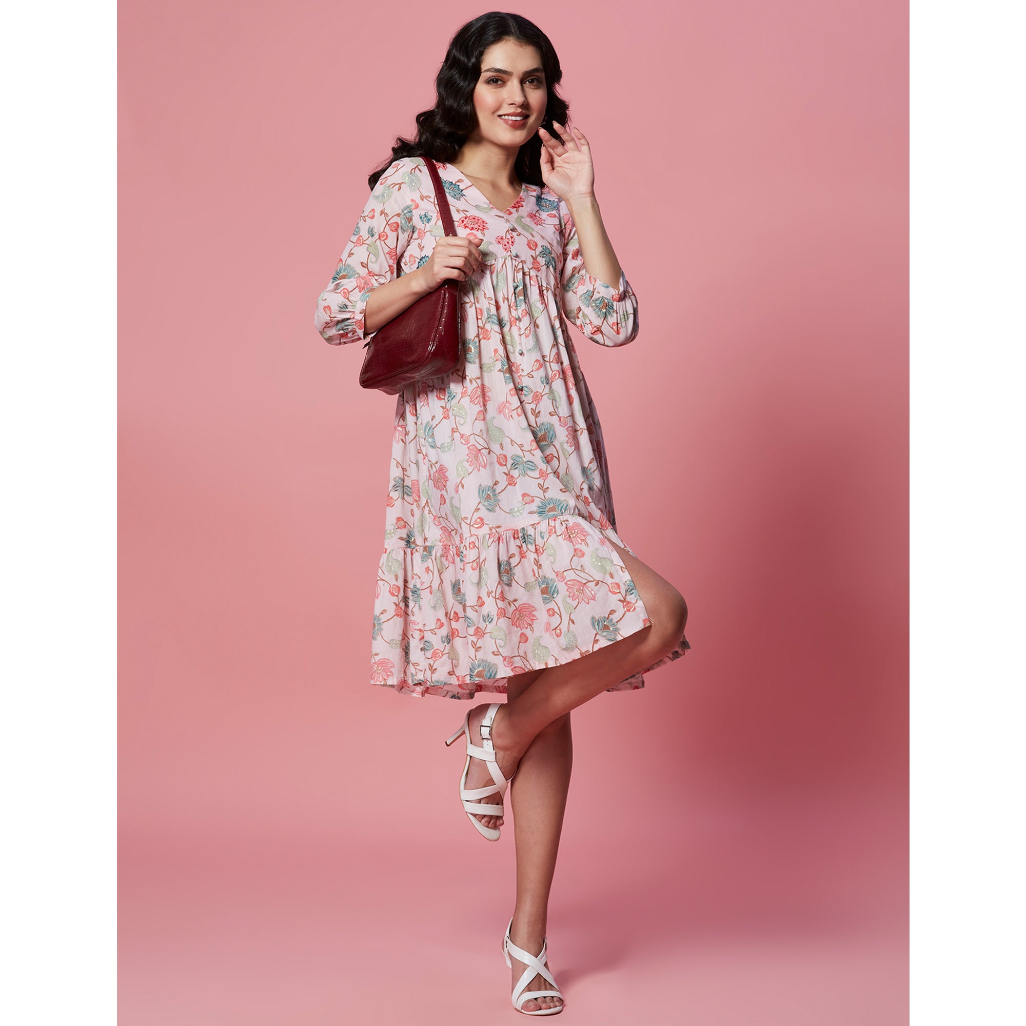 Peach Floral Printed Pure Cotton Dress