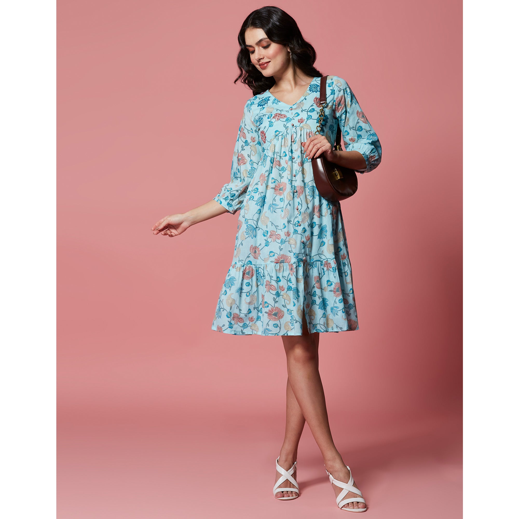 Turquoise Floral Printed Pure Cotton Dress