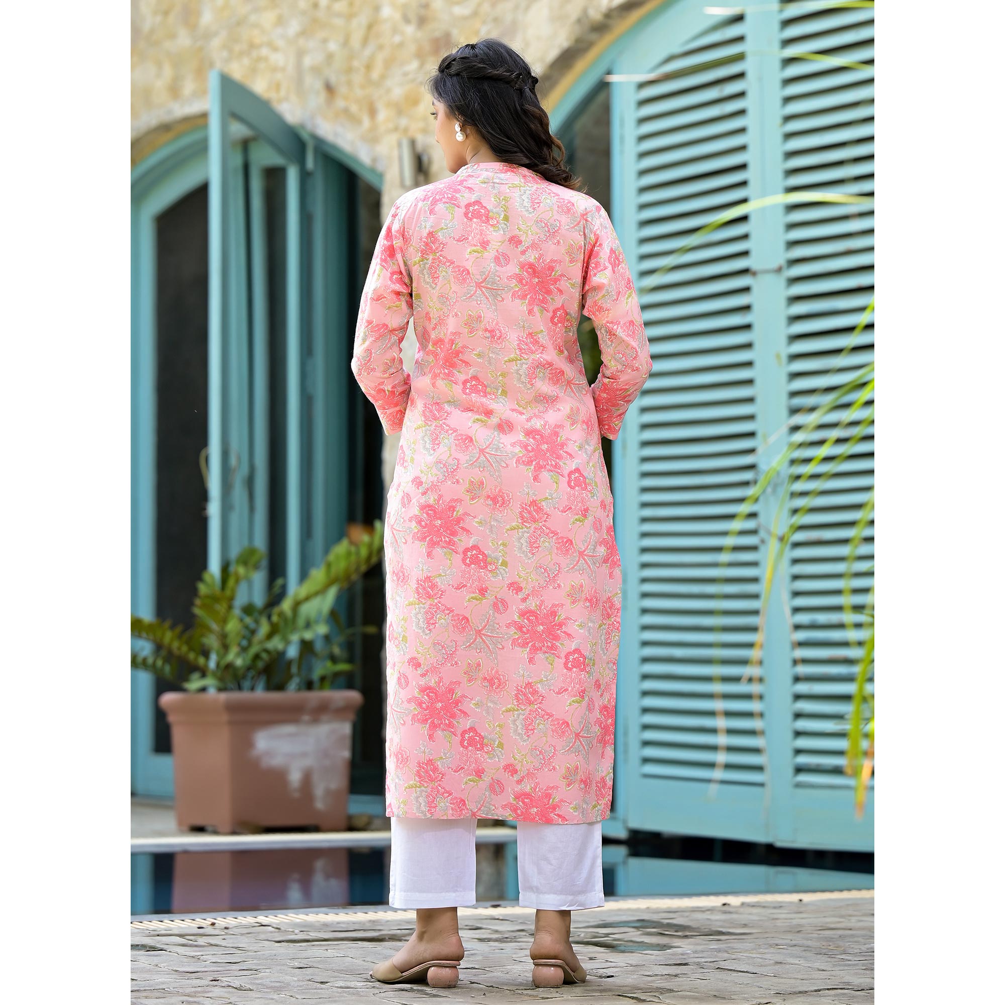 Peach Floral Printed Pure Cotton Straight Kurti