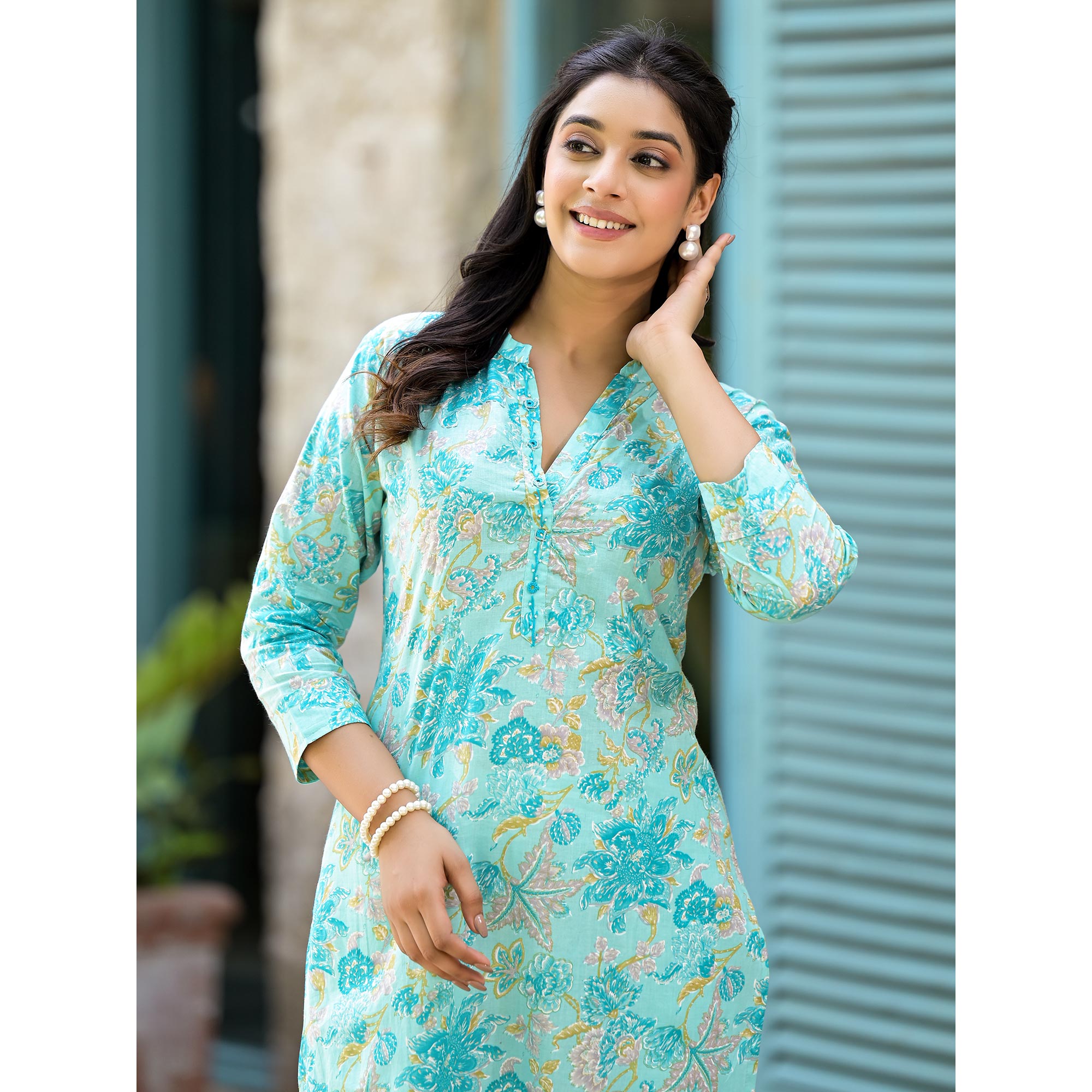 Turquoise Floral Printed Pure Cotton Straight Kurti