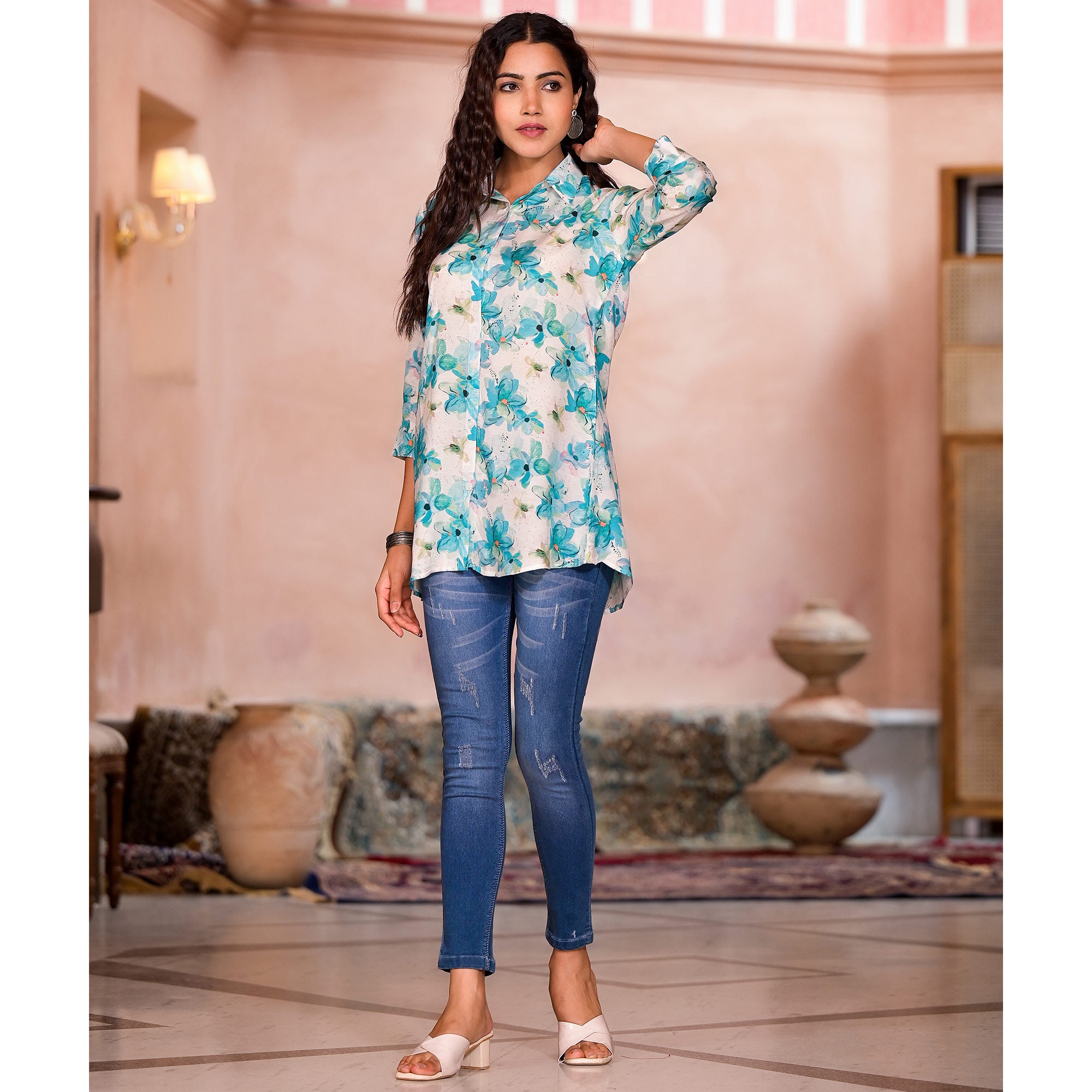 Turquoise Floral Printed Muslin Top