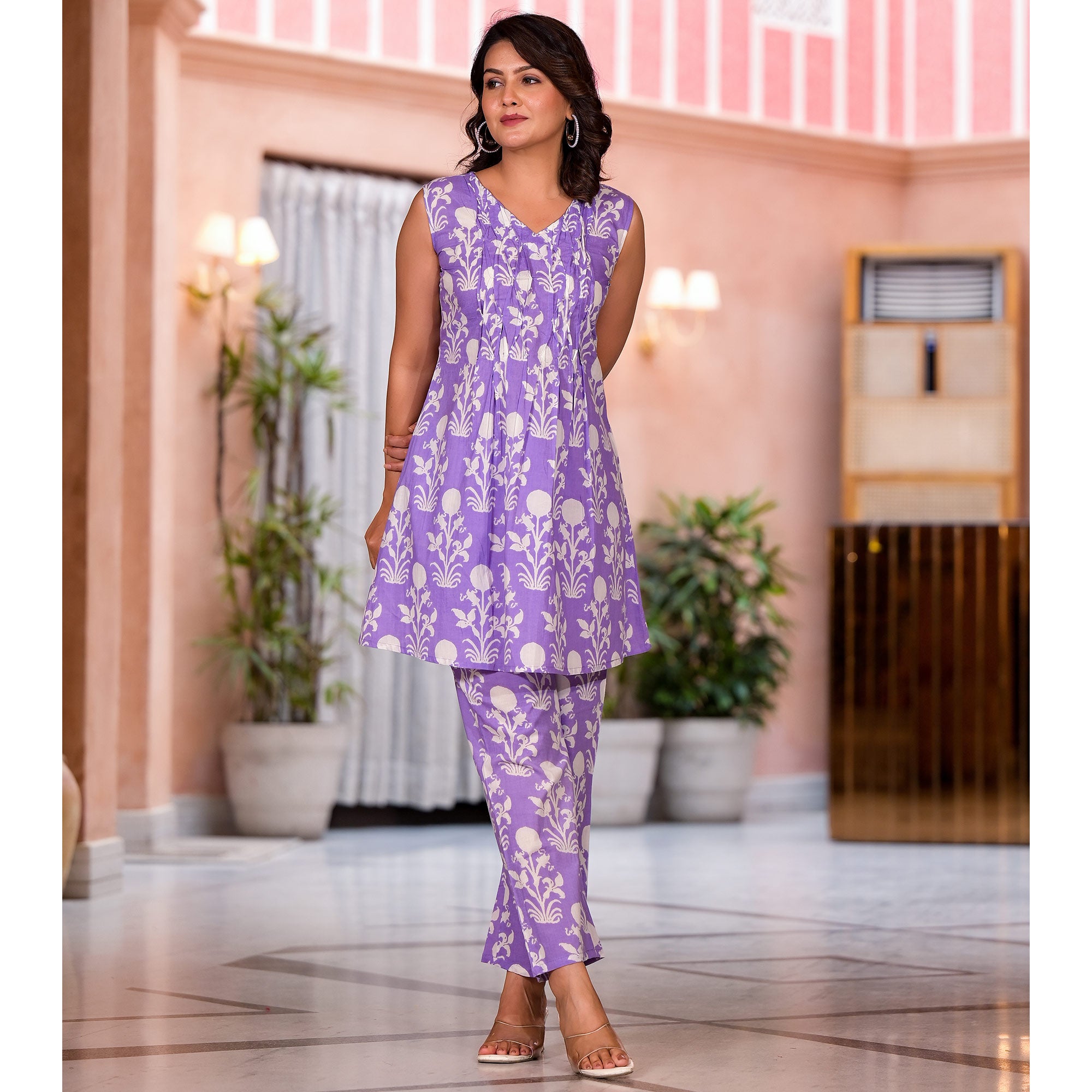 Lavender Floral Printed Pure Cotton A-Line Co-Ord Set