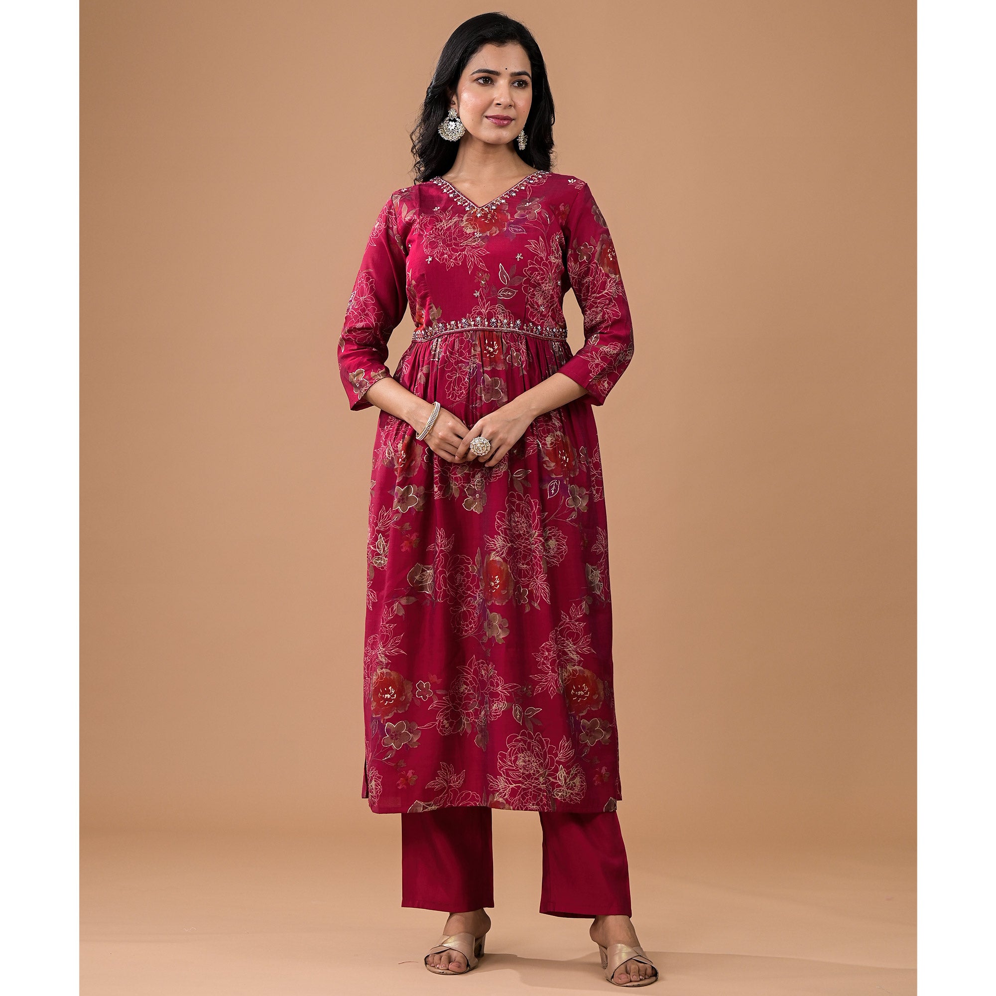 Rani Pink Floral Foil Printed With Handwork Chanderi Anarkali Suit