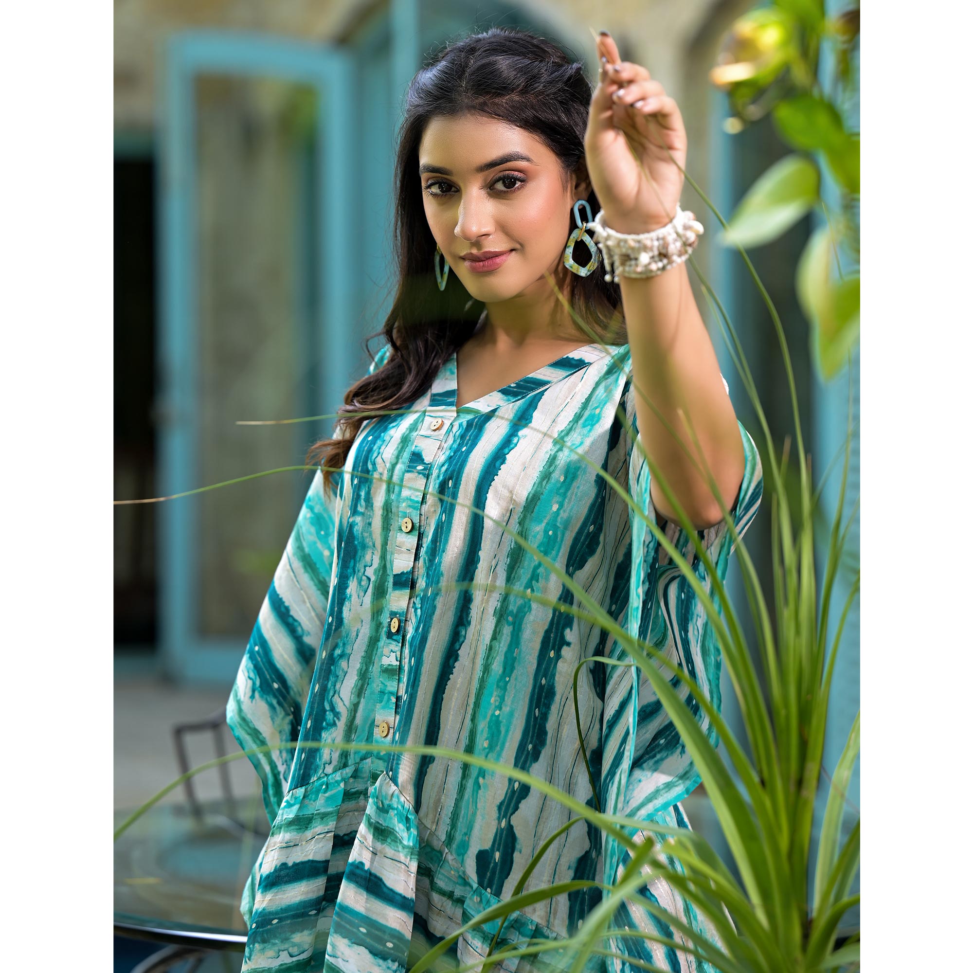 Blue Foil Printed Cambric Cotton Kaftan Style Co-Ord Set