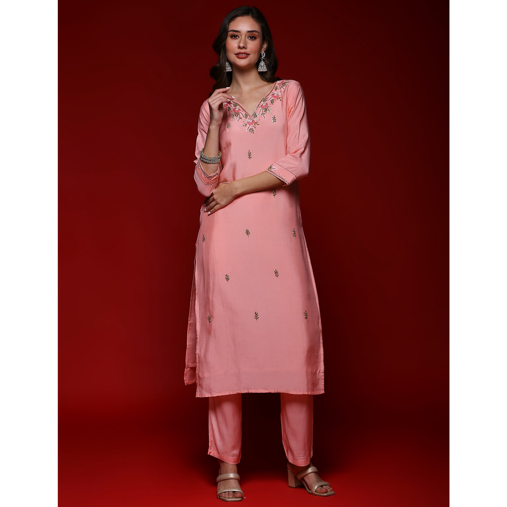 Pink Floral Embroidered Muslin Straight Salwar Suit