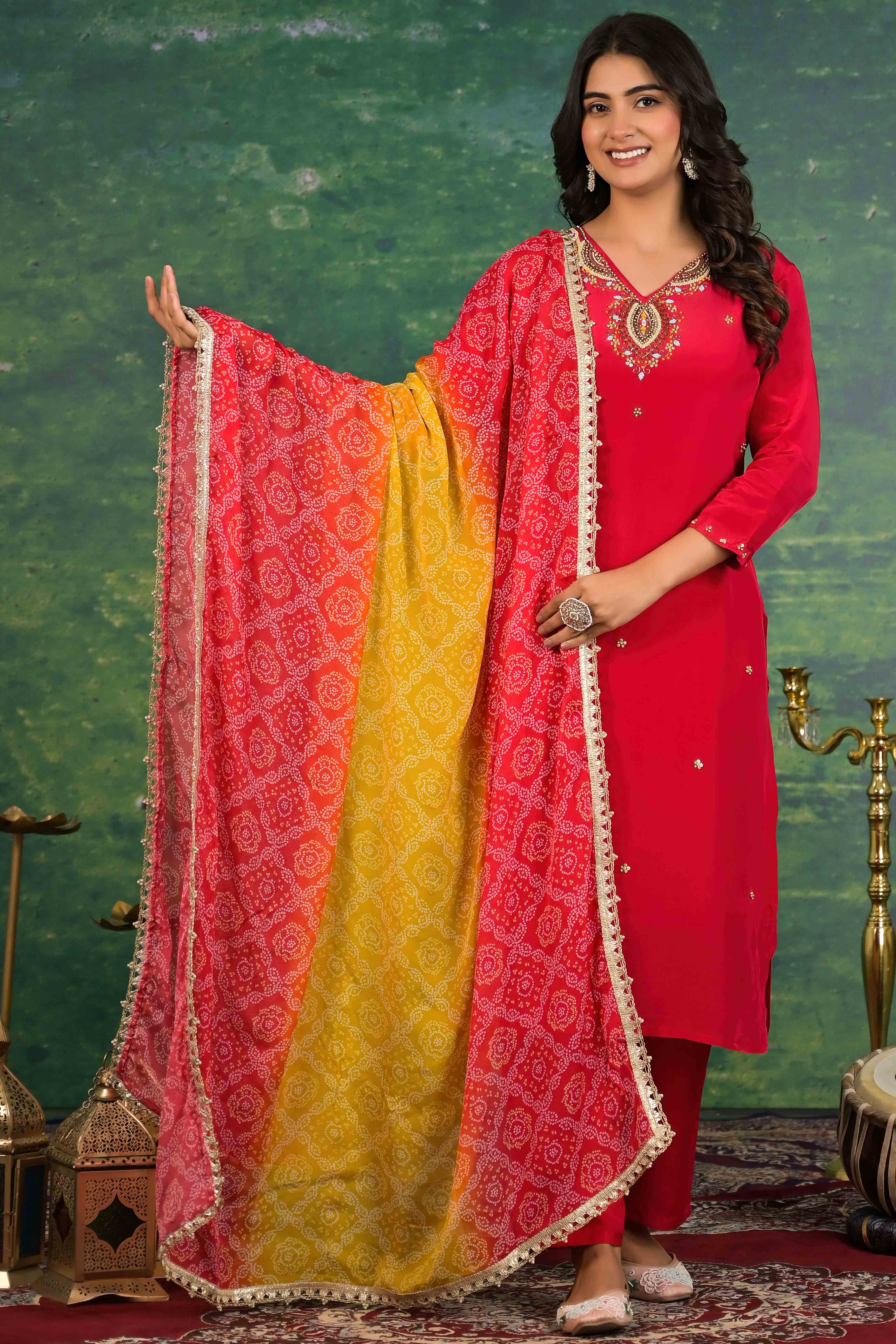 Red Beads Work Embroidered Crepe Salwar Suit