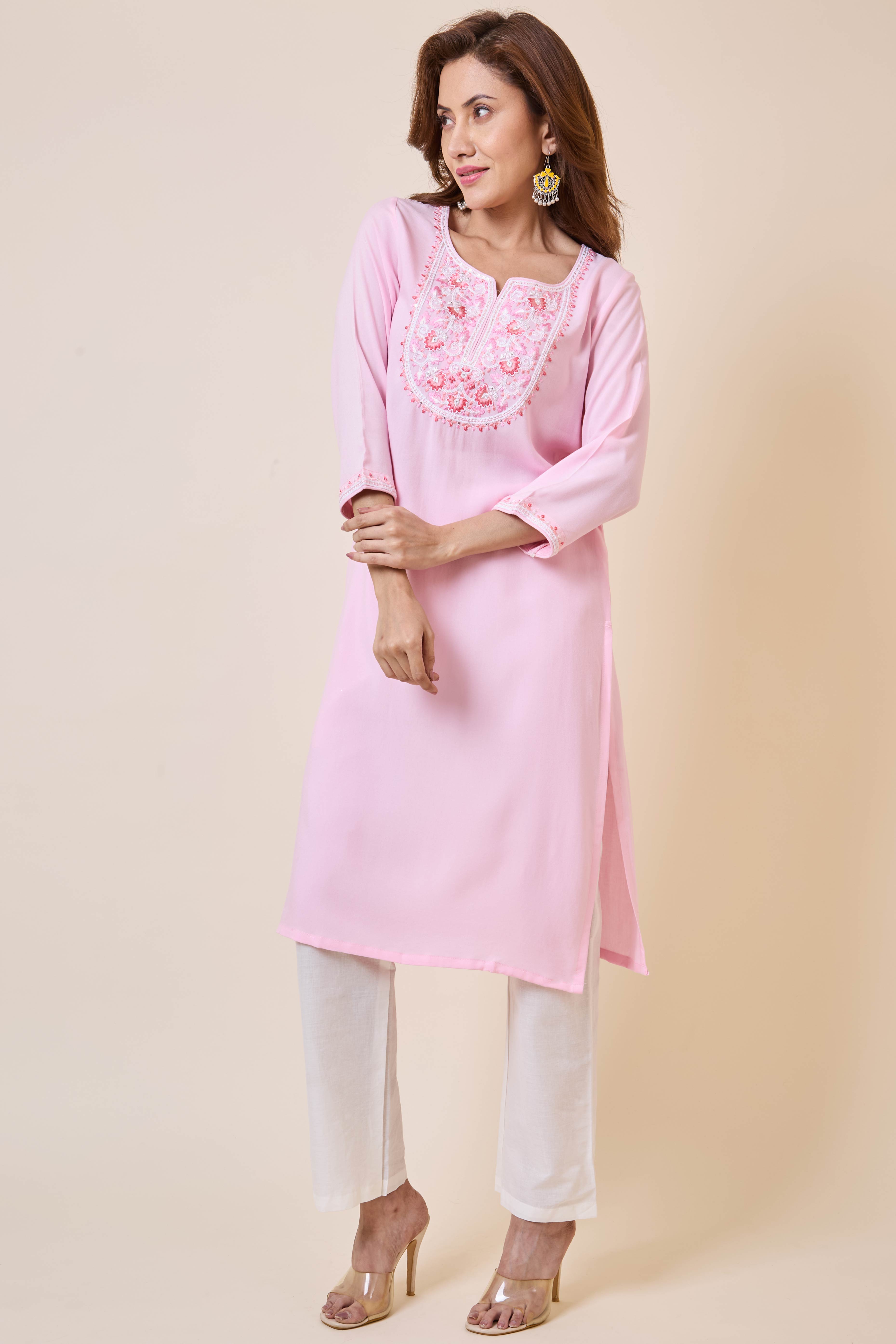 Light Pink Yoke Embroidered Rayon Straight Kurti