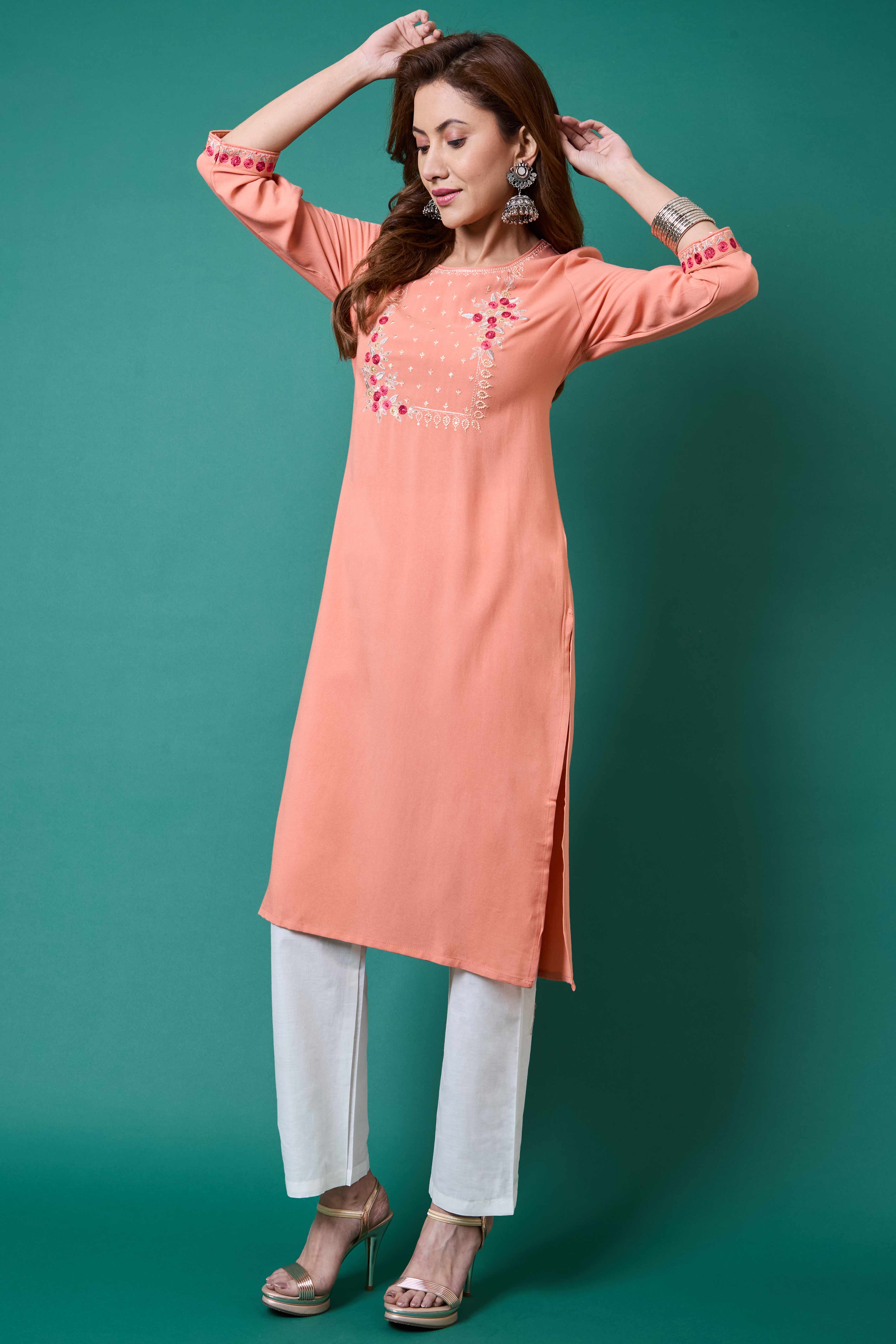 Peach Yoke Embroidered Rayon Straight Kurti