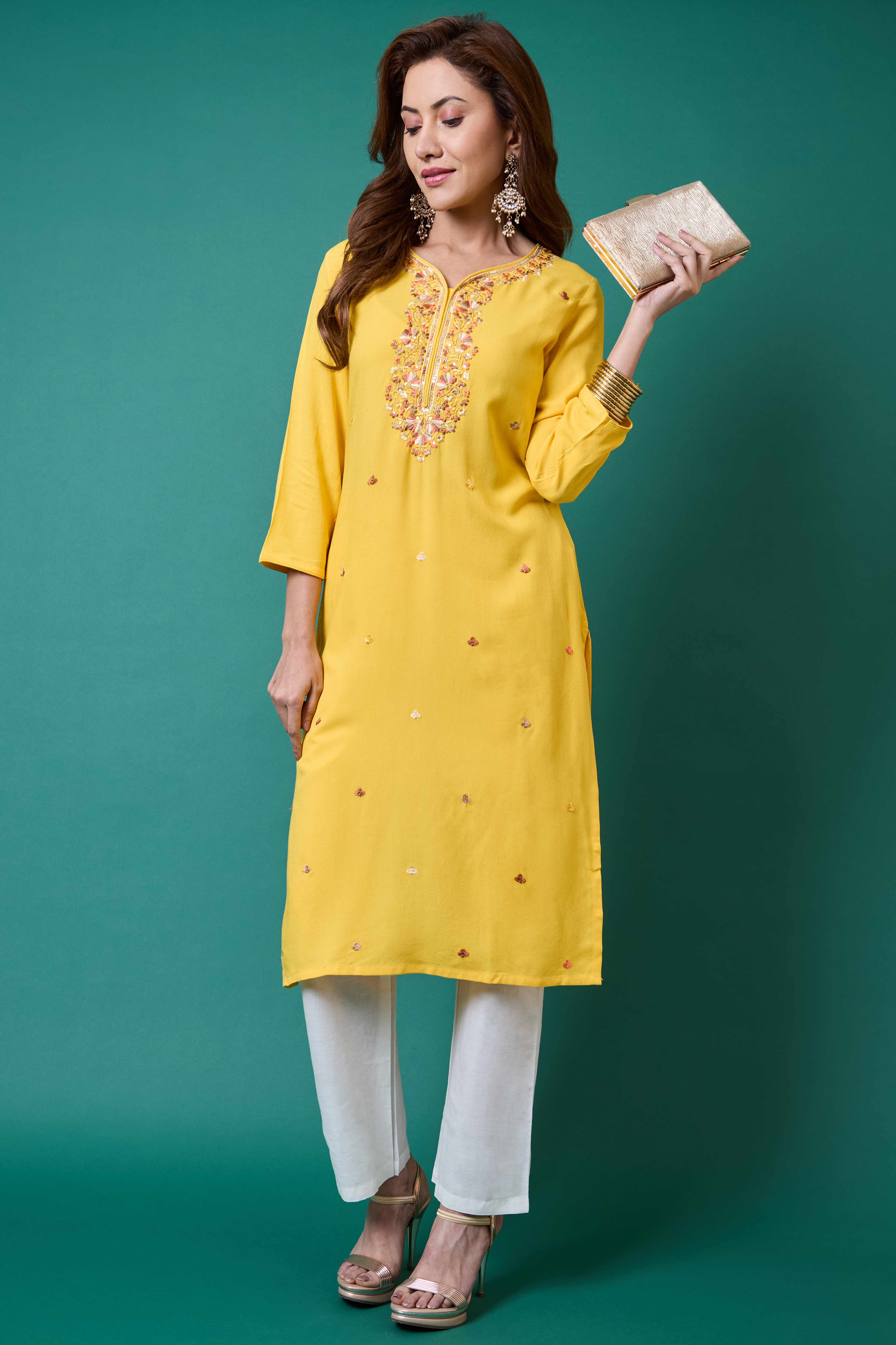 Yellow Yoke Embroidered Rayon Straight Kurti