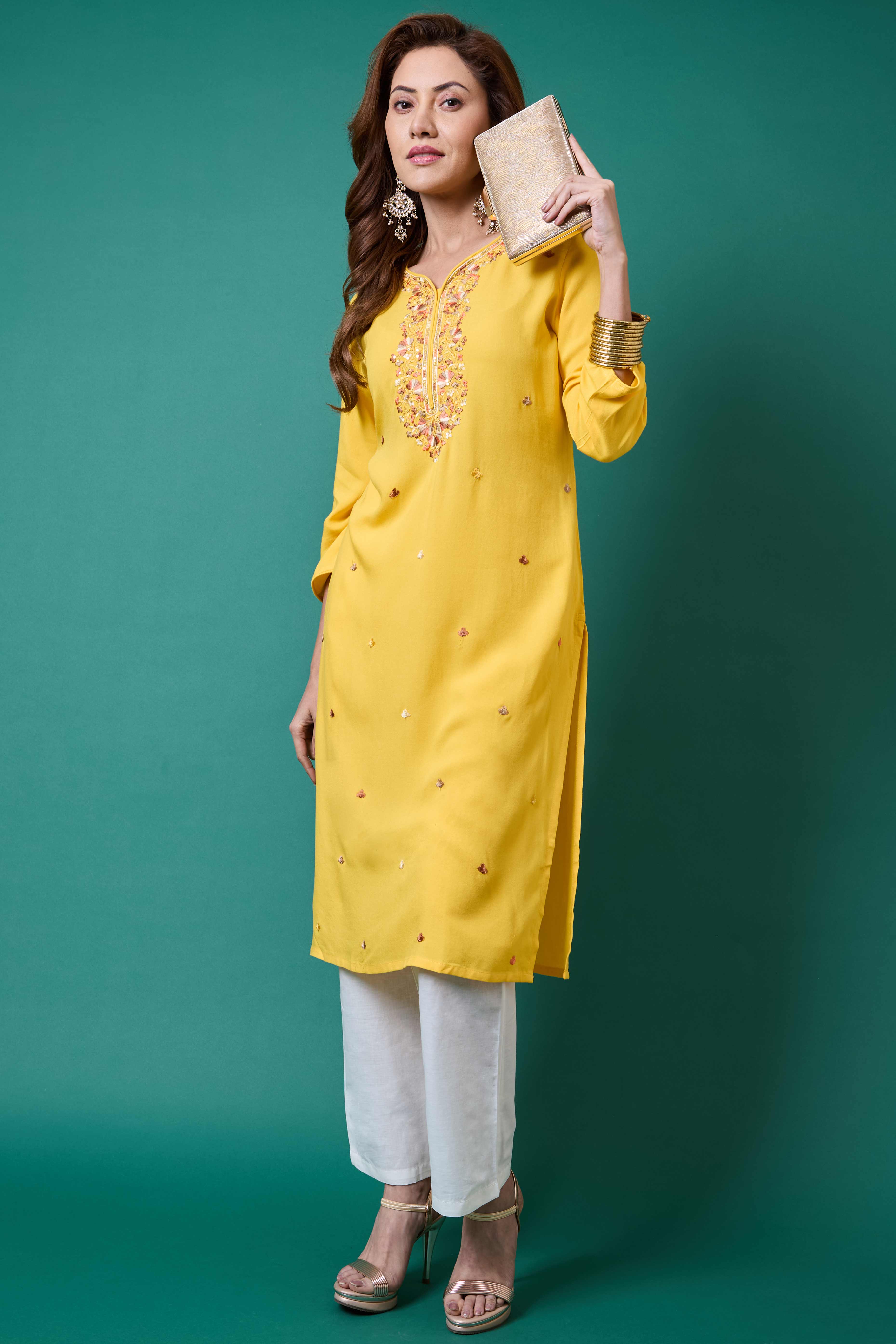 Yellow Yoke Embroidered Rayon Straight Kurti