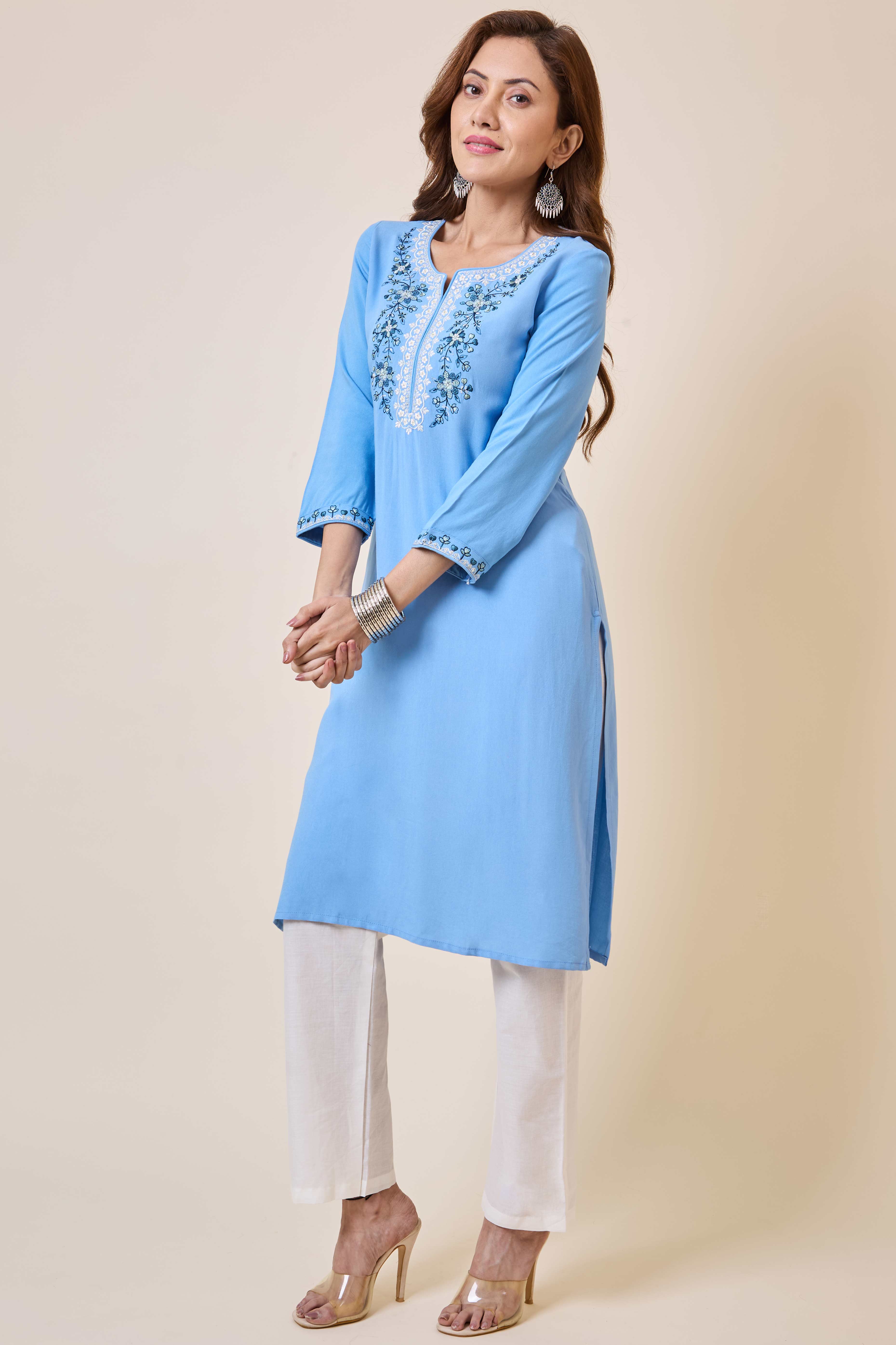 Sky Blue Yoke Embroidered Rayon Straight Kurti