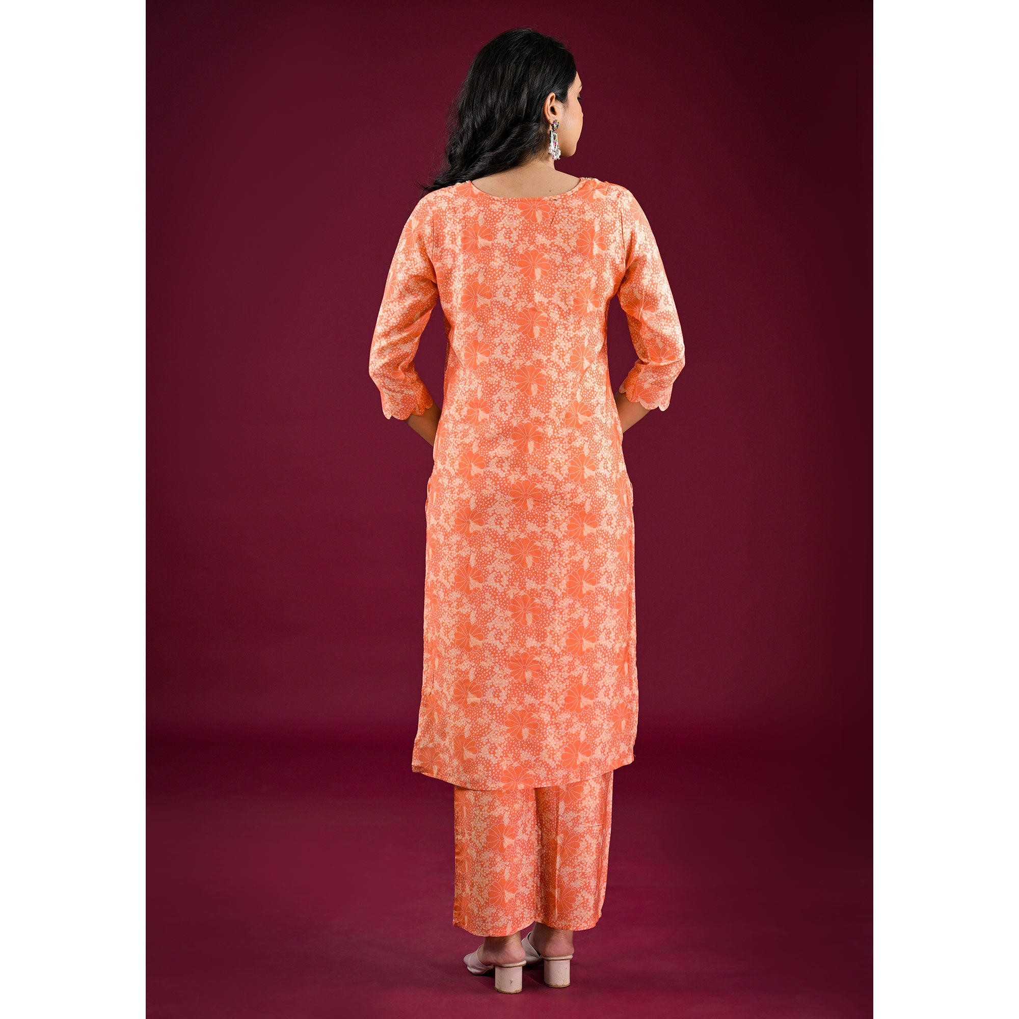 Orange Floral Printed Muslin Straight Salwar Suit