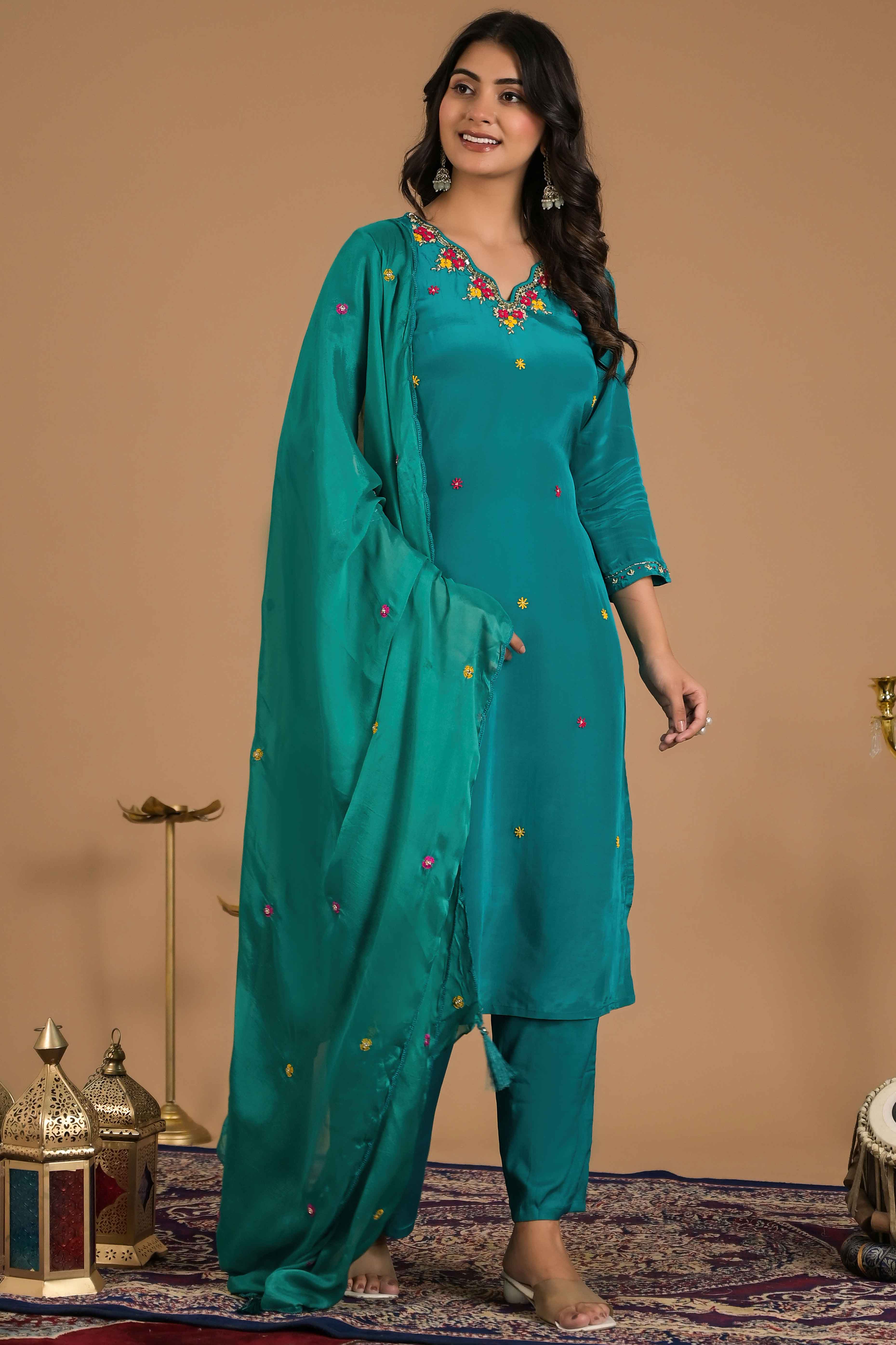 Turquoise Beads Work Embroidered Crepe Salwar Suit