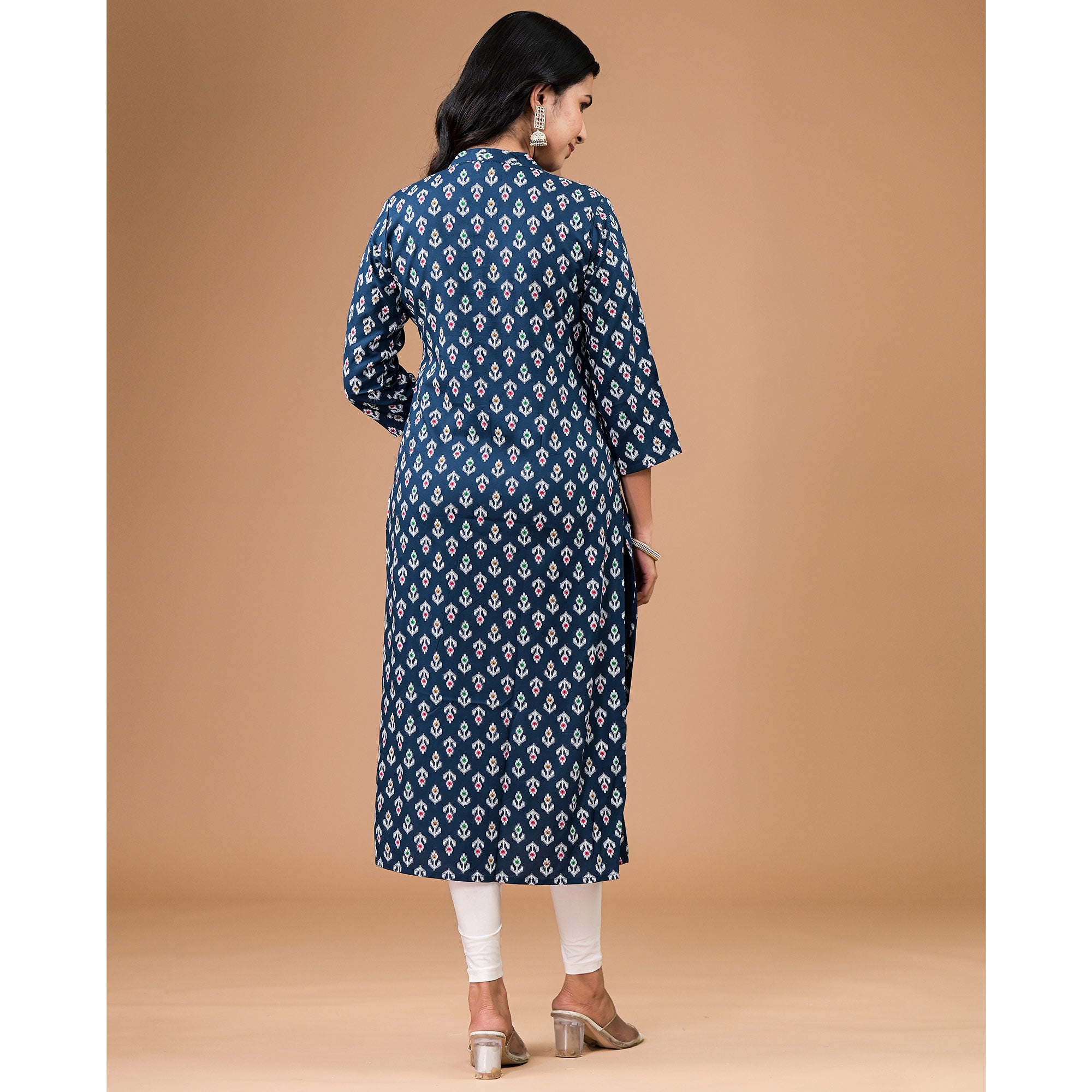 Navy Blue Rayon Printed Straight Kurti