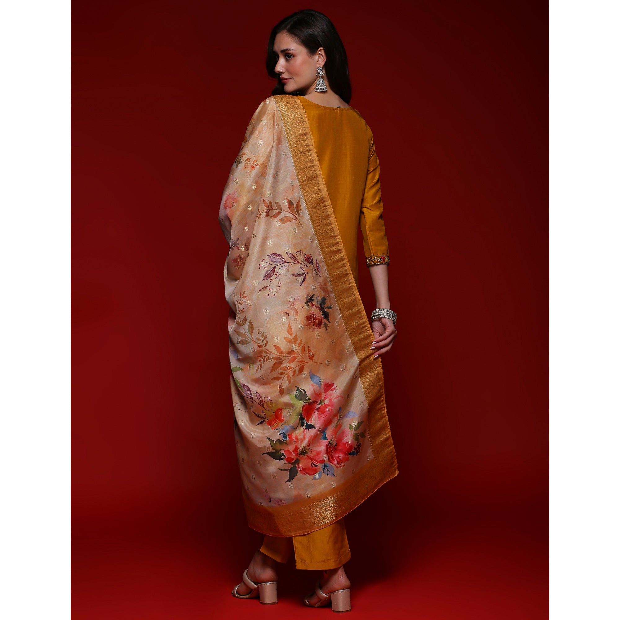 Mustard Floral Embroidered Cotton Silk Salwar Suit