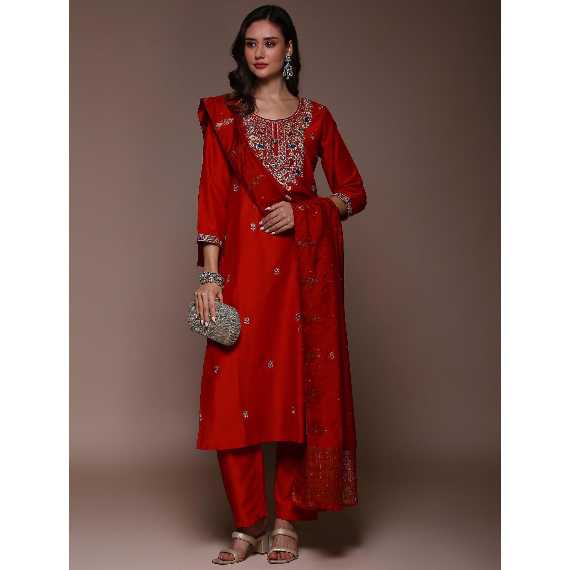 Red Floral Embroidered Cotton Silk Salwar Suit