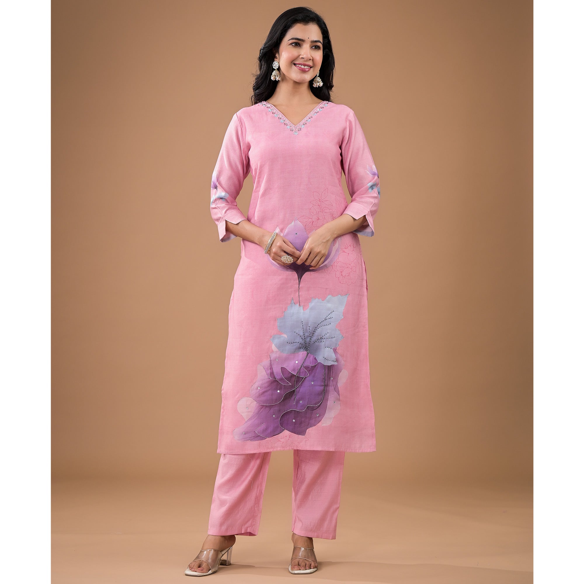 Pink Embroidered Viscose Straight Salwar Suit