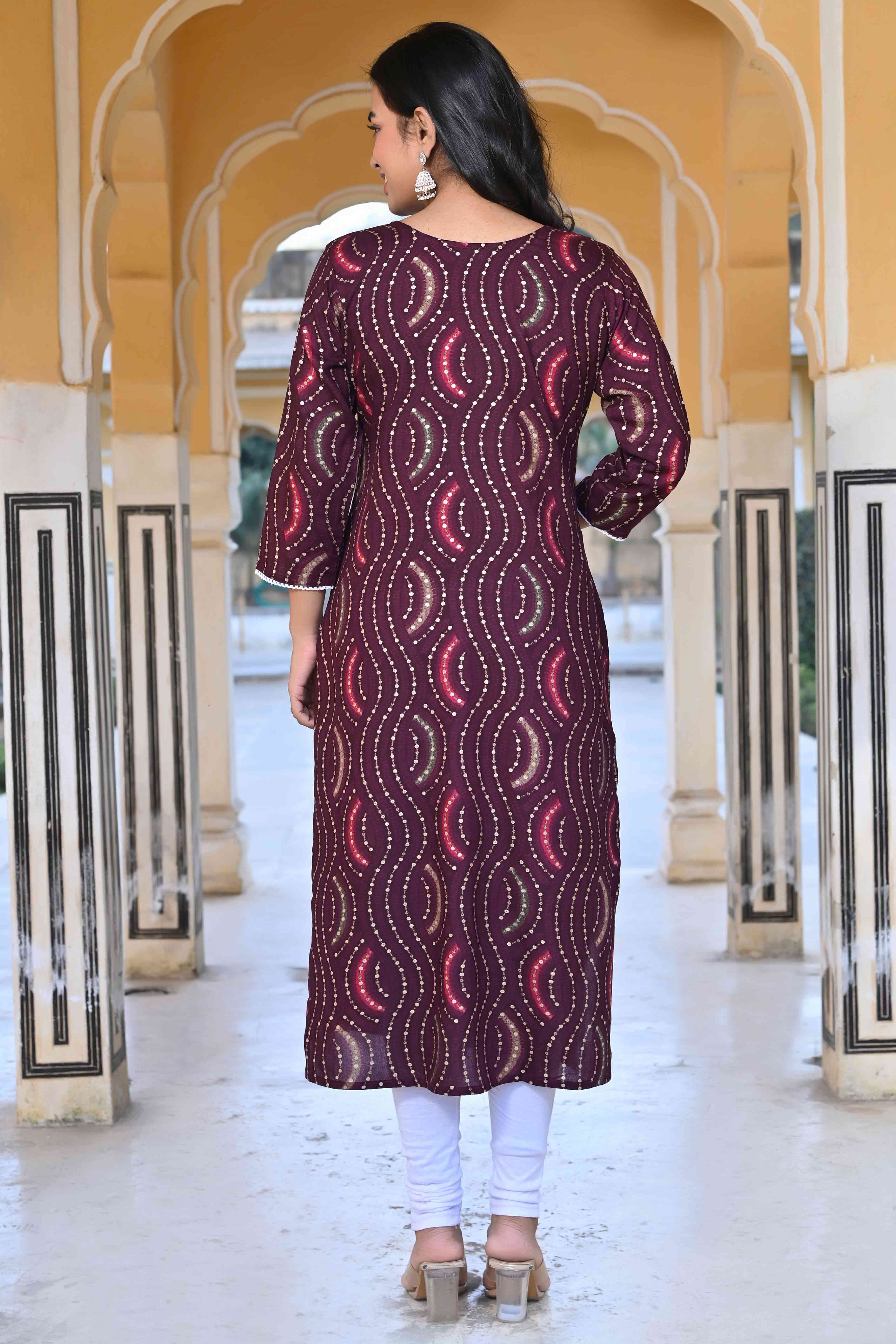 Wine Foil Printed Rayon Straight Kurti