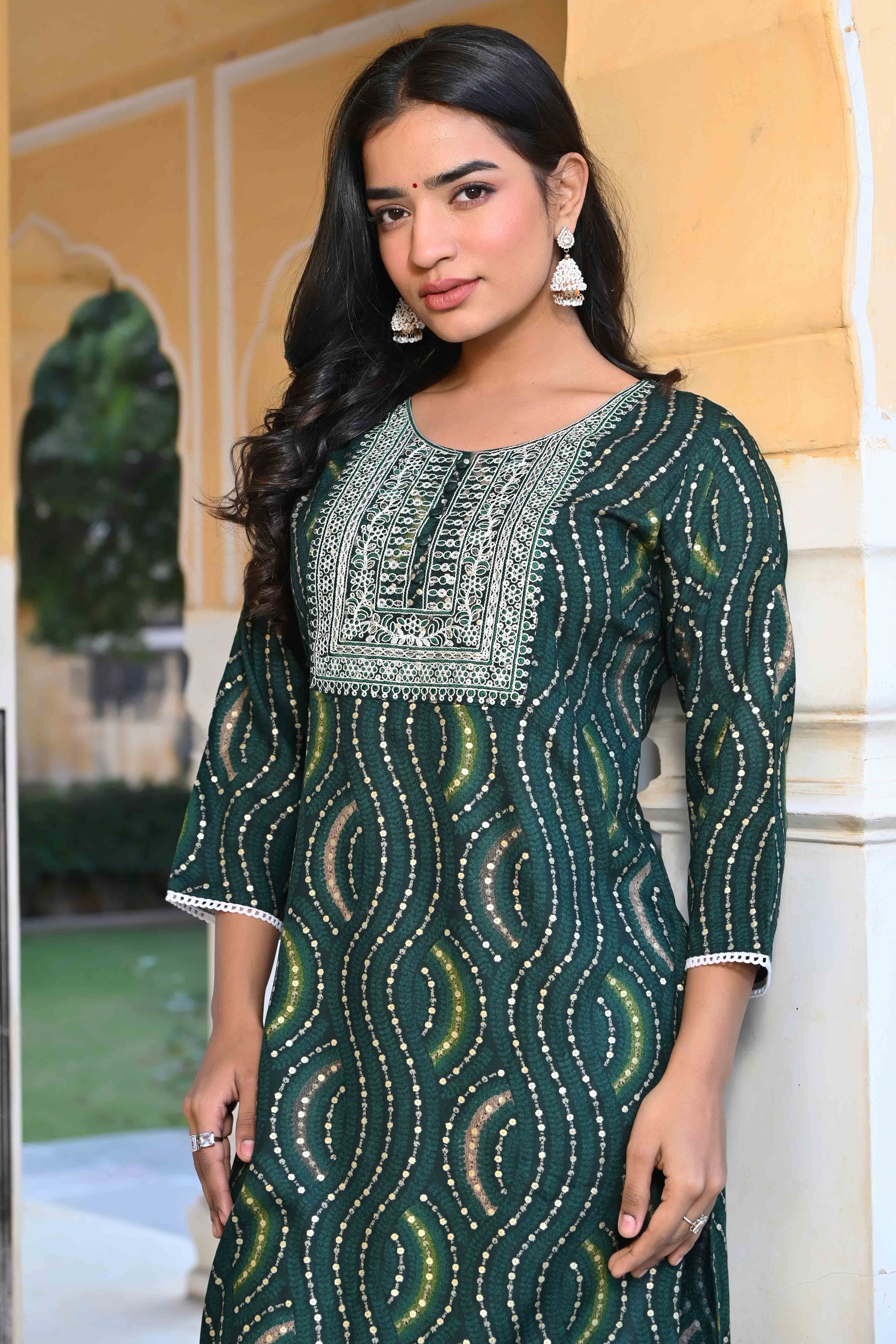 Green Foil Printed Rayon Straight Kurti