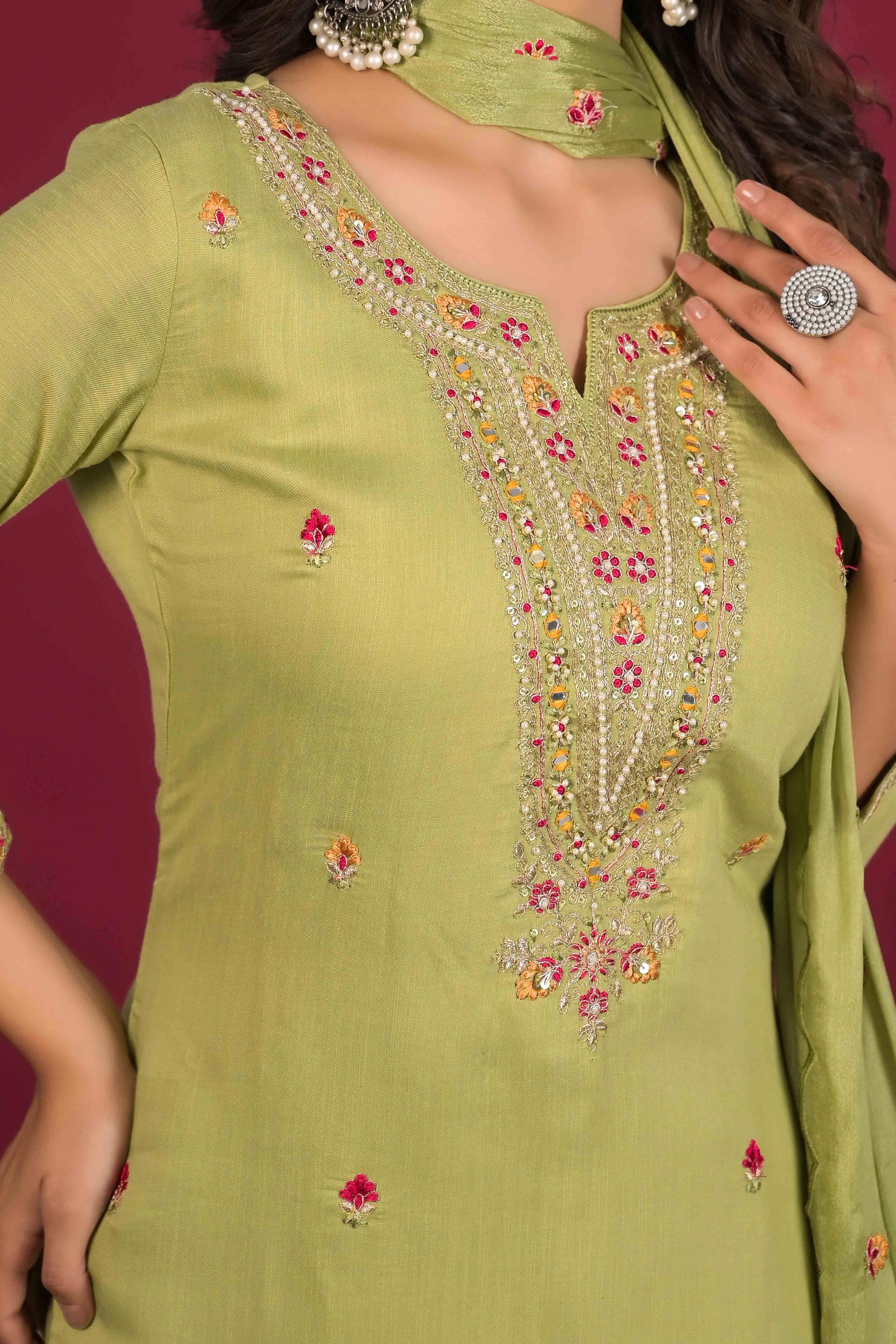 Green Floral Embroidered Pure Cotton Salwar Suit